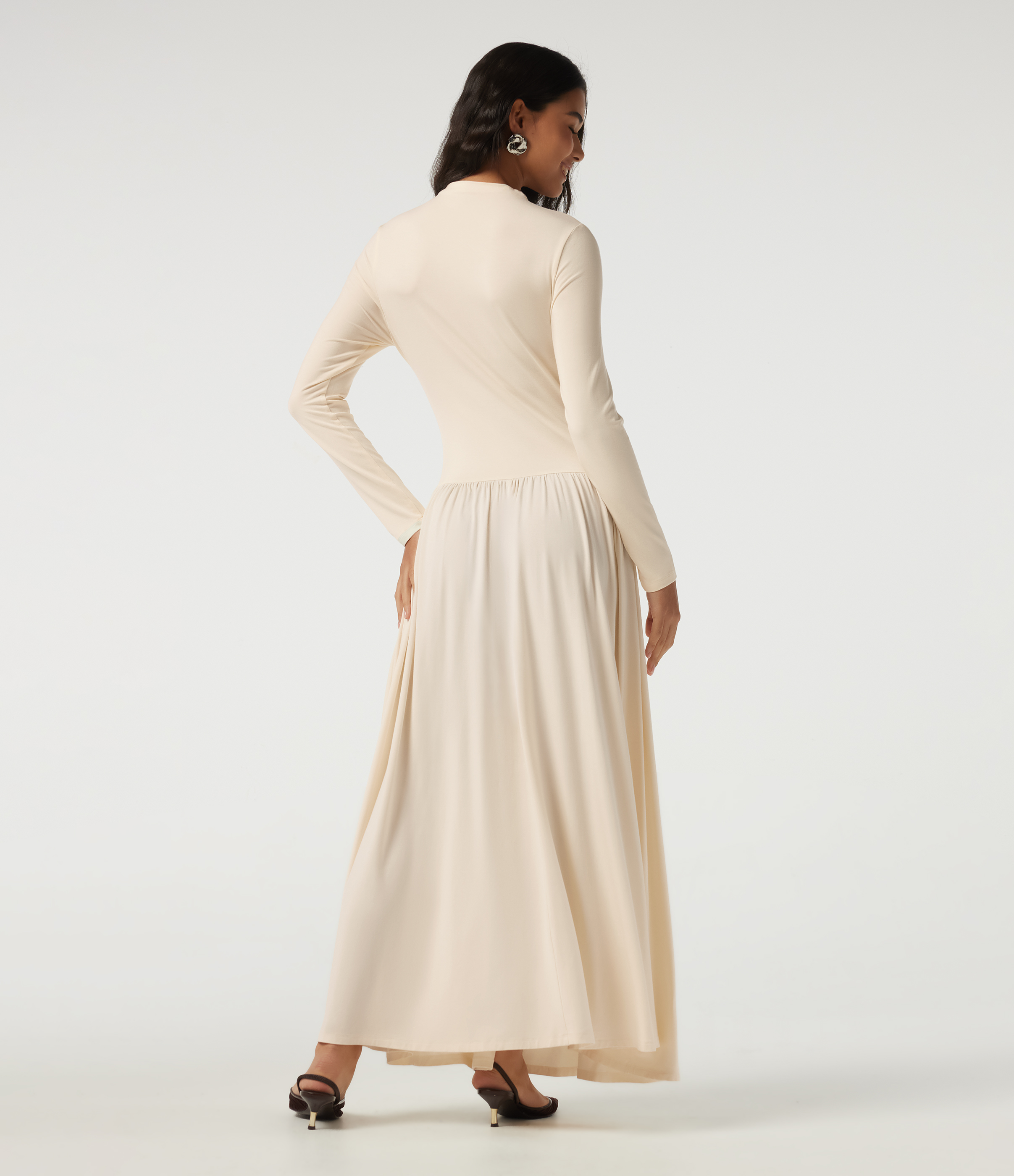 Arctic Wolf Mock Neck Long Sleeve Crossover Ruched A-Line Casual Maxi Dress / 2