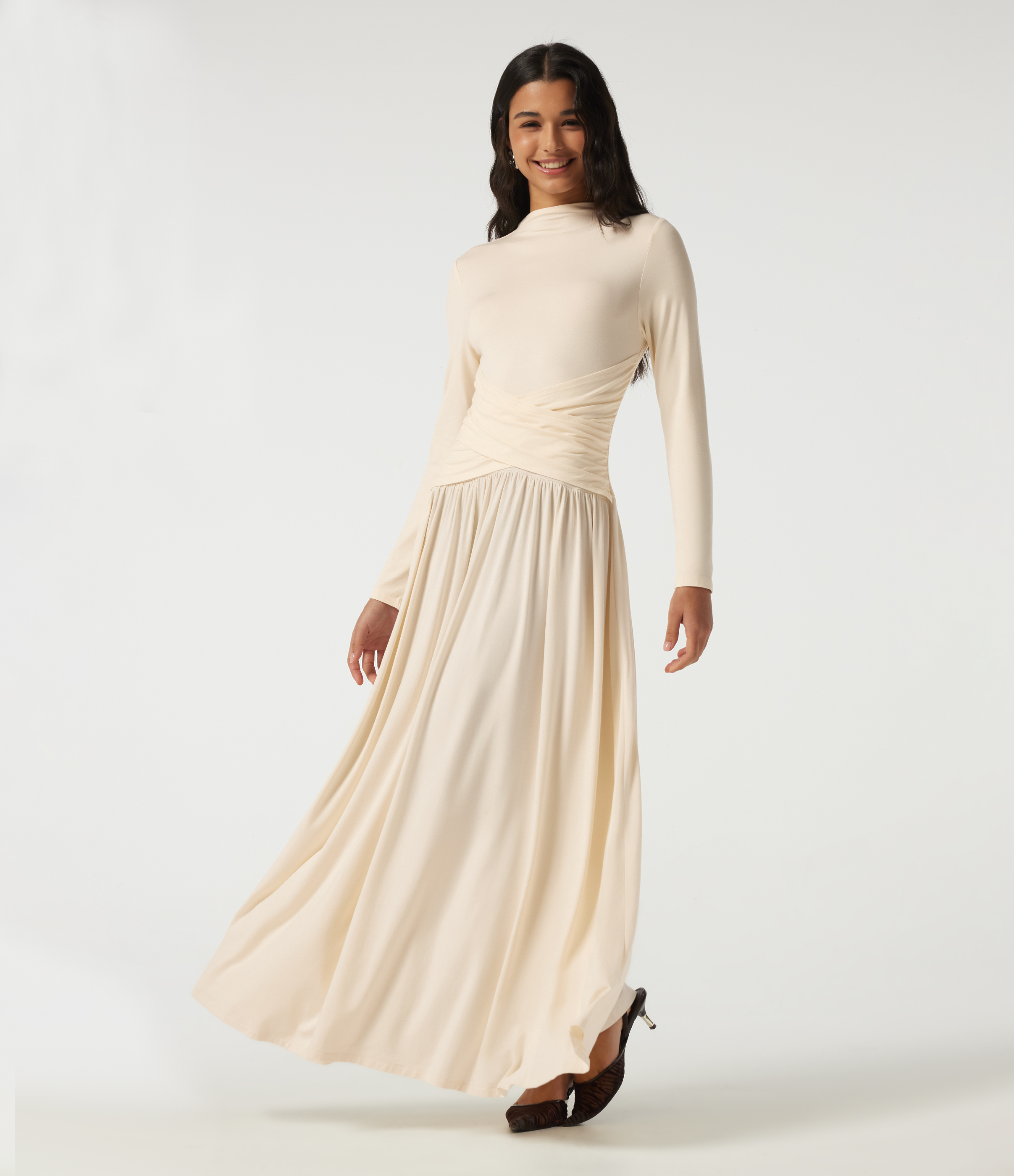 Mock Neck Long Sleeve Crossover Ruched A-Line Casual Maxi Dress