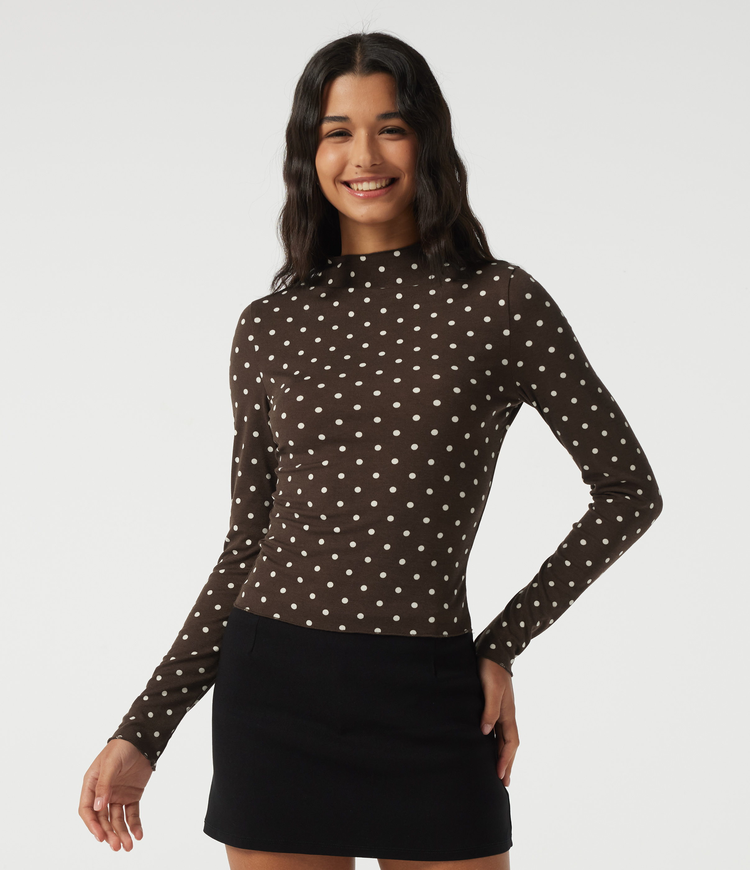 Mock Neck Long Sleeve Polka Dot Slim Casual T-Shirt