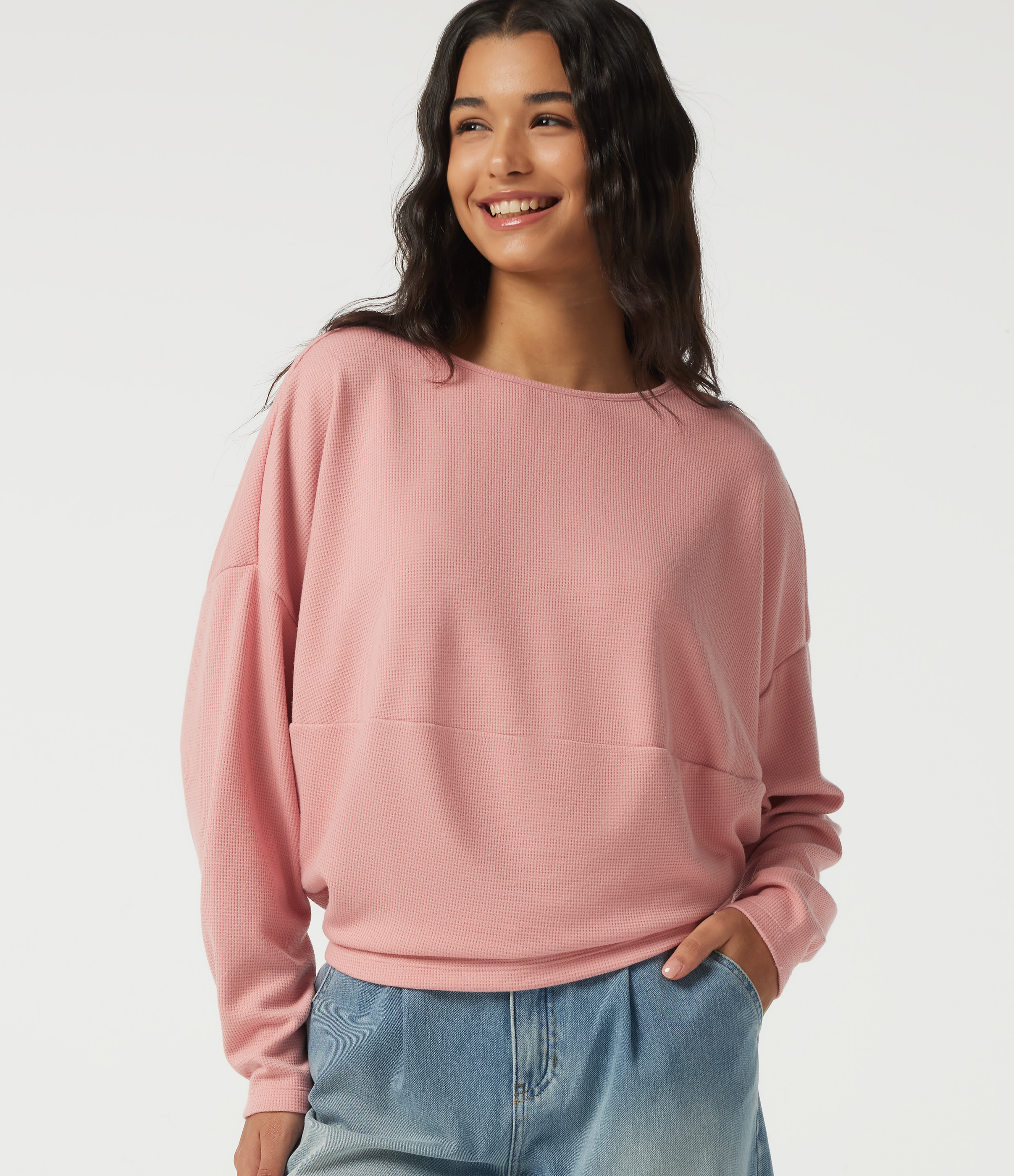 Boat Neck Long Sleeve Waffle Casual Top