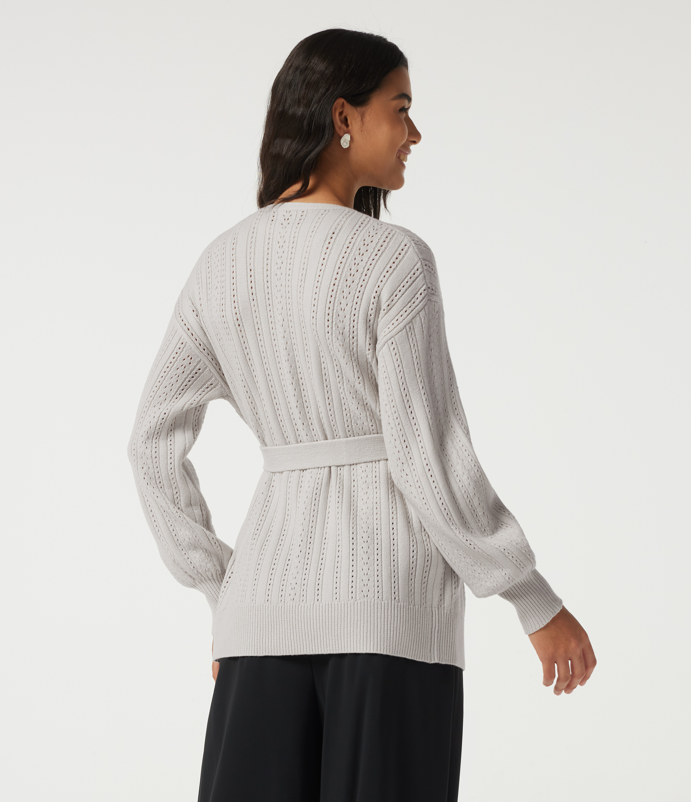 Alabaster Veil V Neck Long Sleeve Belted Casual Cardigan / 2