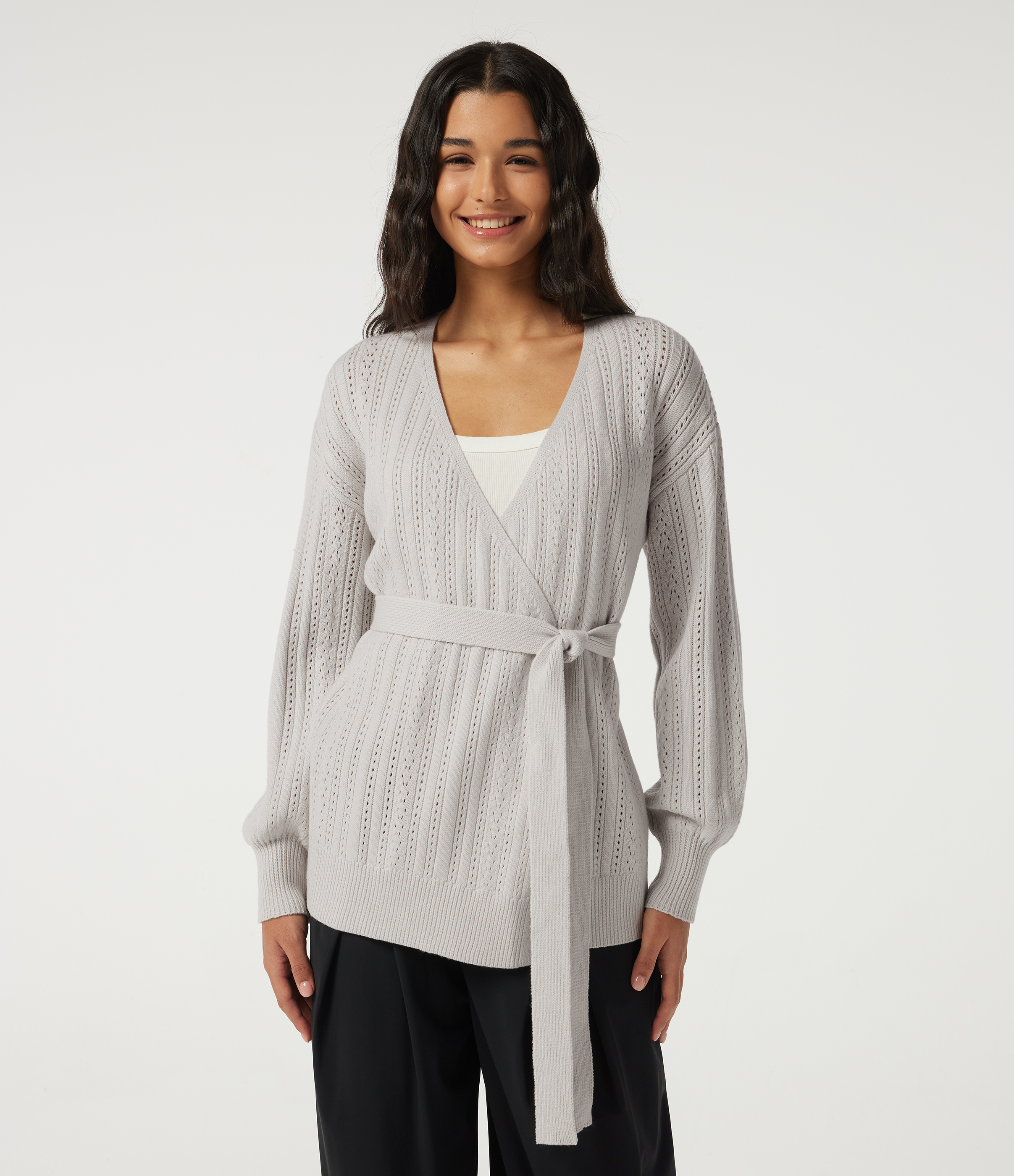 V Neck Long Sleeve Belted Casual Cardigan