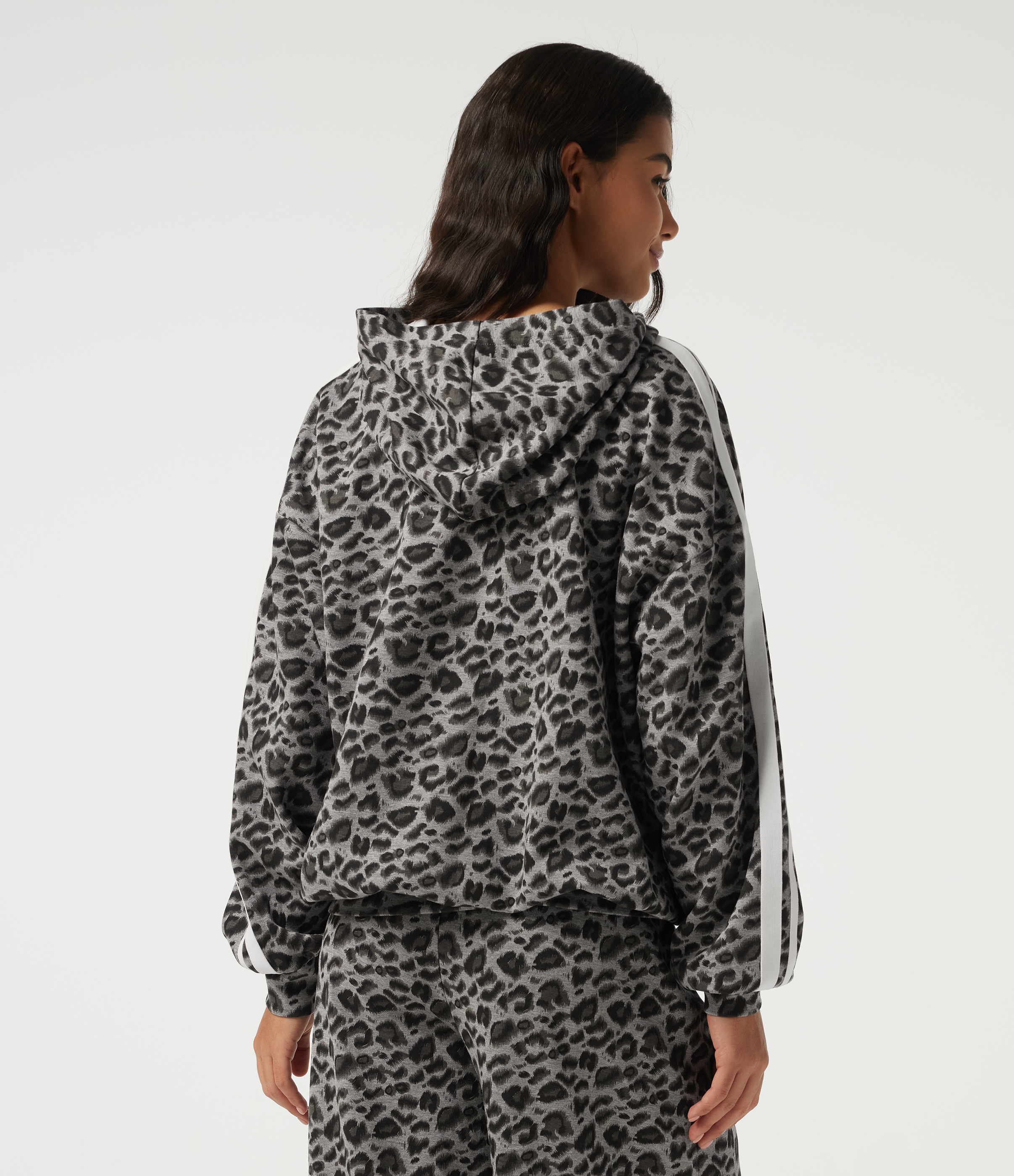 Silver Leopard Print Lässiges Top mit Kapuze, langen Ärmeln, Leopardenmuster und seitlichen Streifen / 2