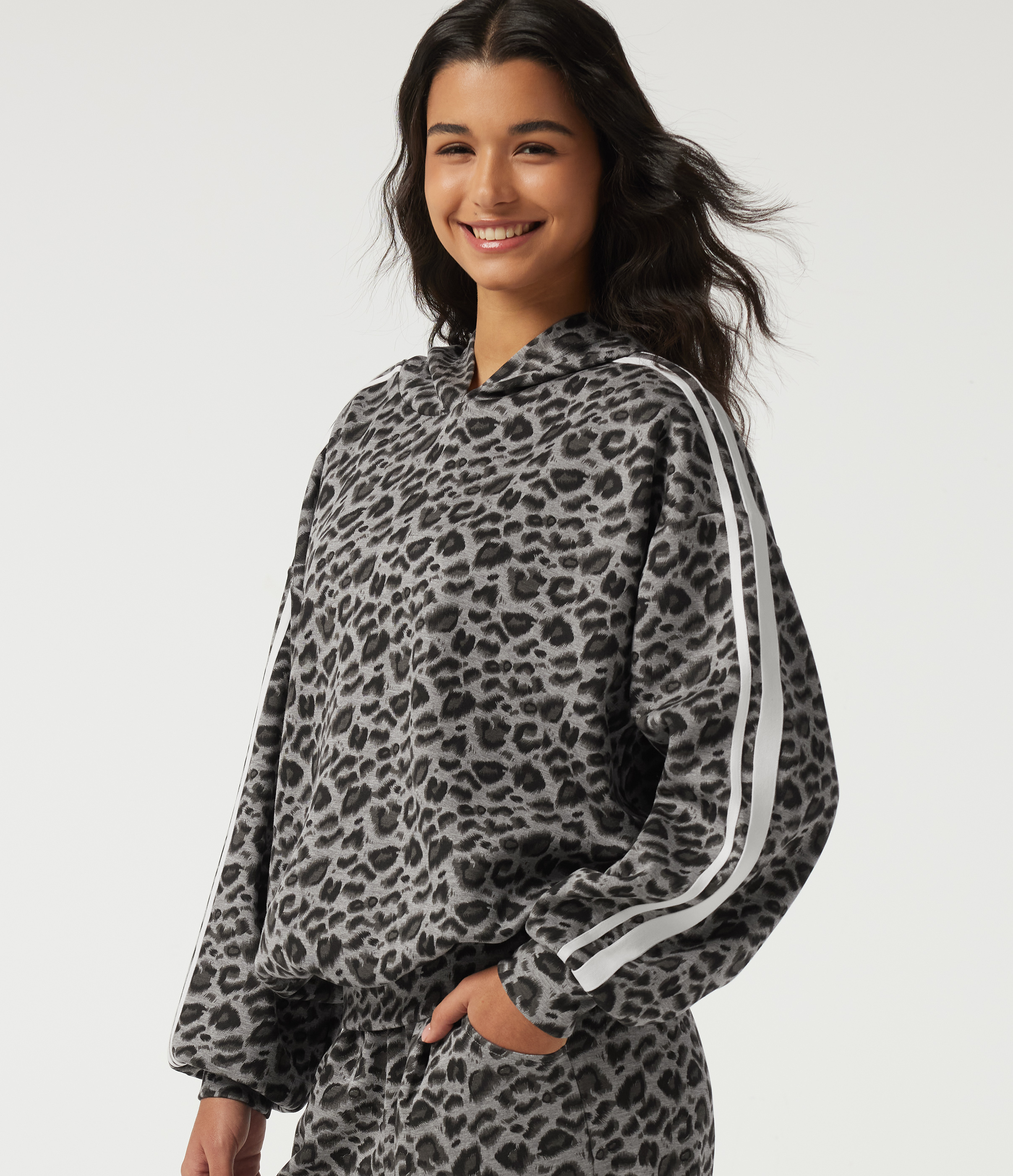 Hooded Long Sleeve Leopard Print Stripe Casual Top