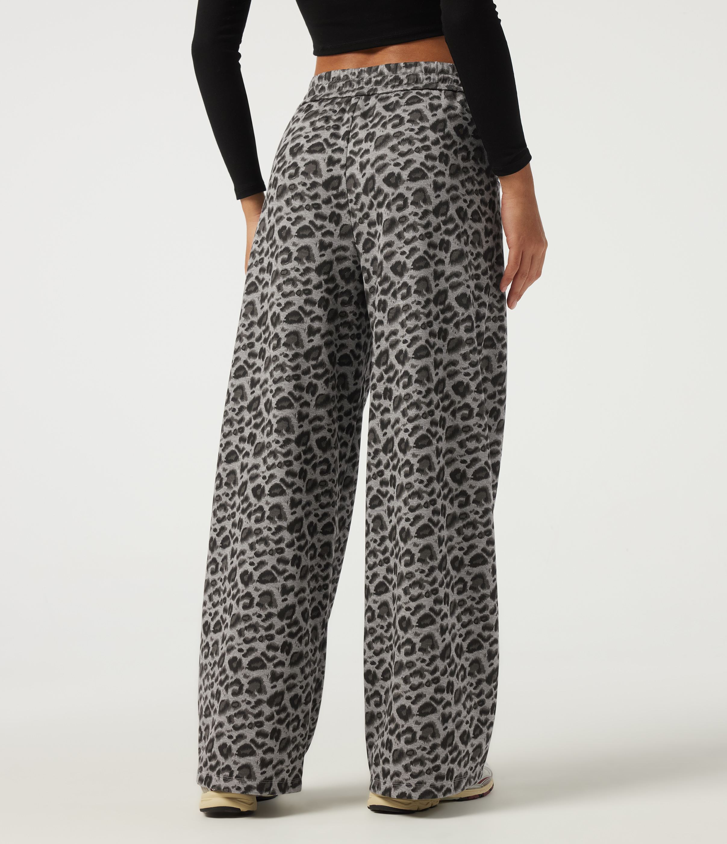 Silver Leopard Print High Waisted Drawstring Wide Leg Leopard Print Casual Pants with Pockets / 2