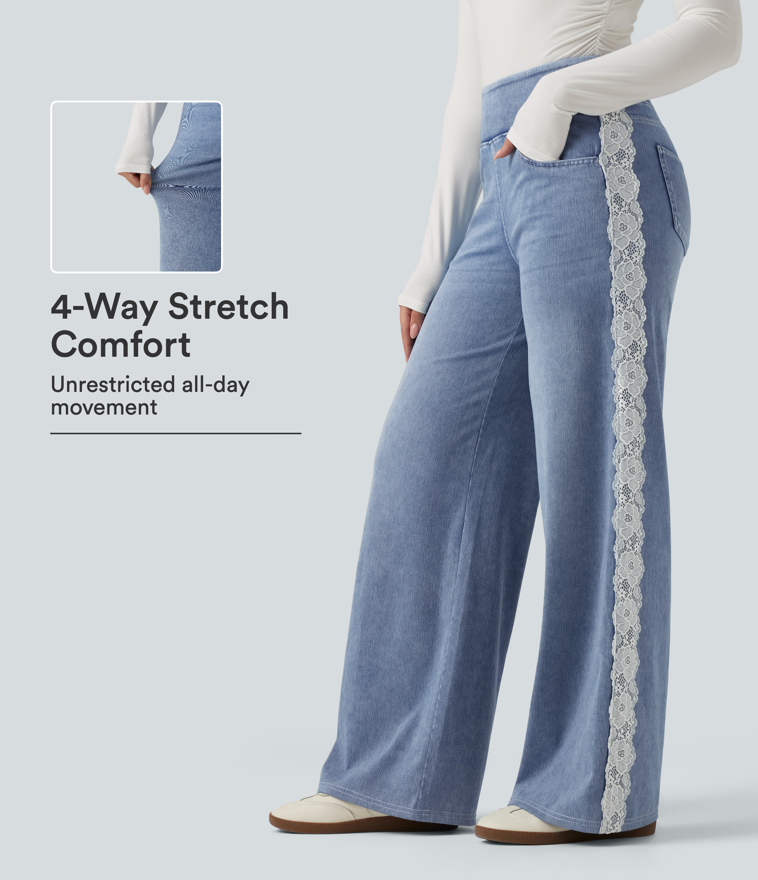Halara Flex™ High Waisted Contrast Lace Wide Leg Casual Cotton Jeans with Pockets