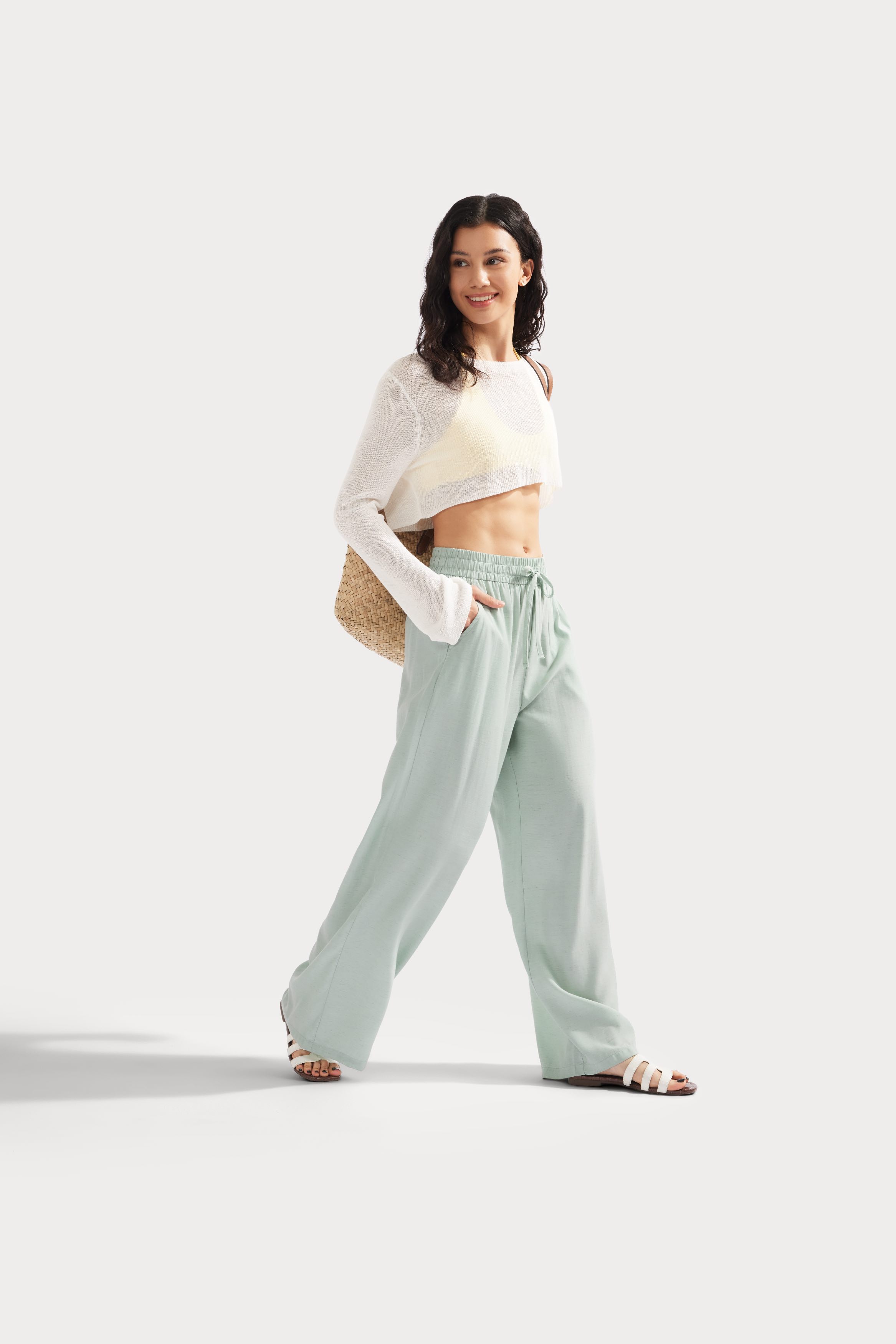 Seafoam Lässige Leinen-Hose mit hohem Bund, Kordelzug, weitem Bein und Taschen / 2