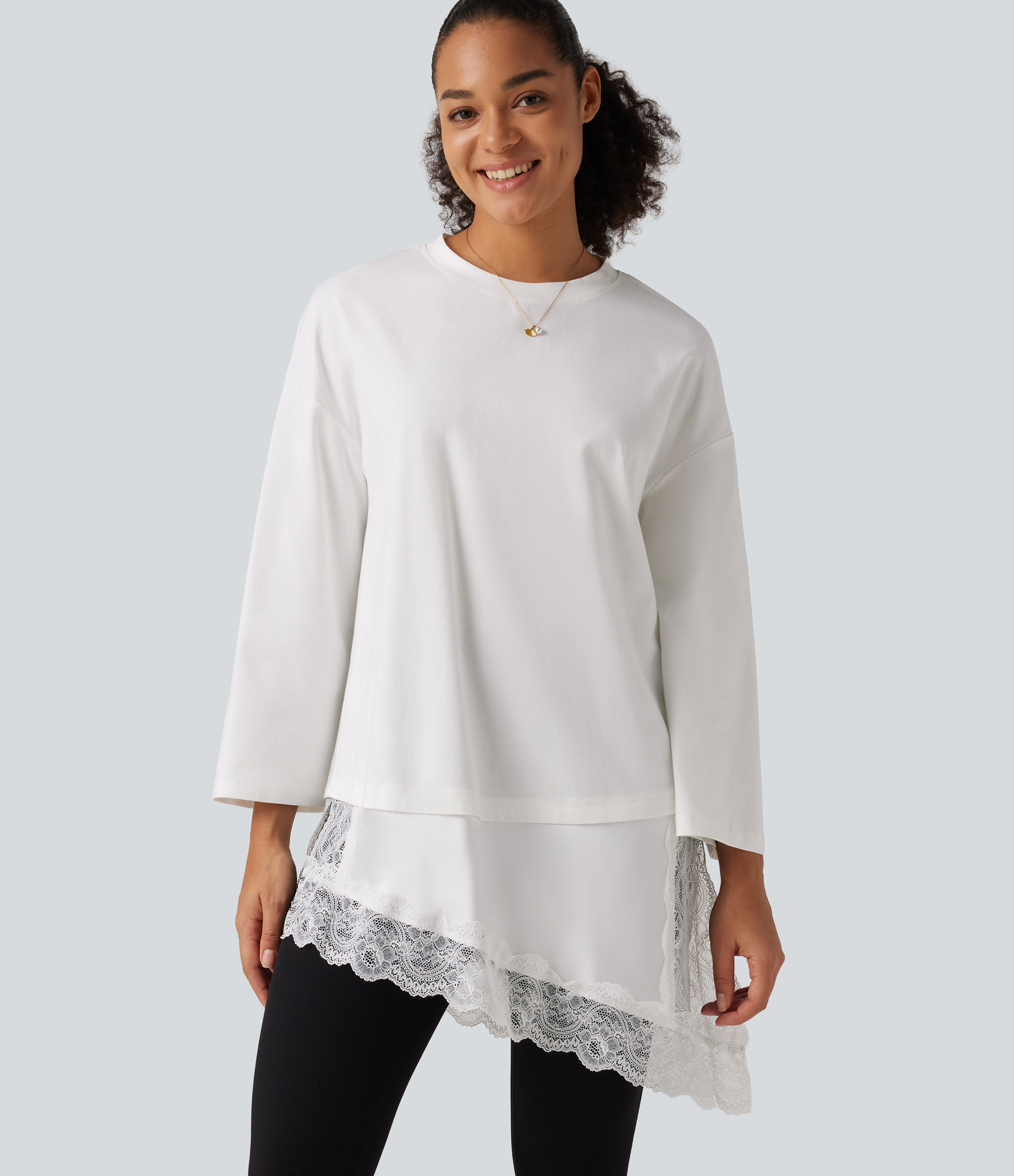 Round Neck Flounce 9/10 Sleeve Asymmetric Contrast Lace Casual Cotton T-Shirt