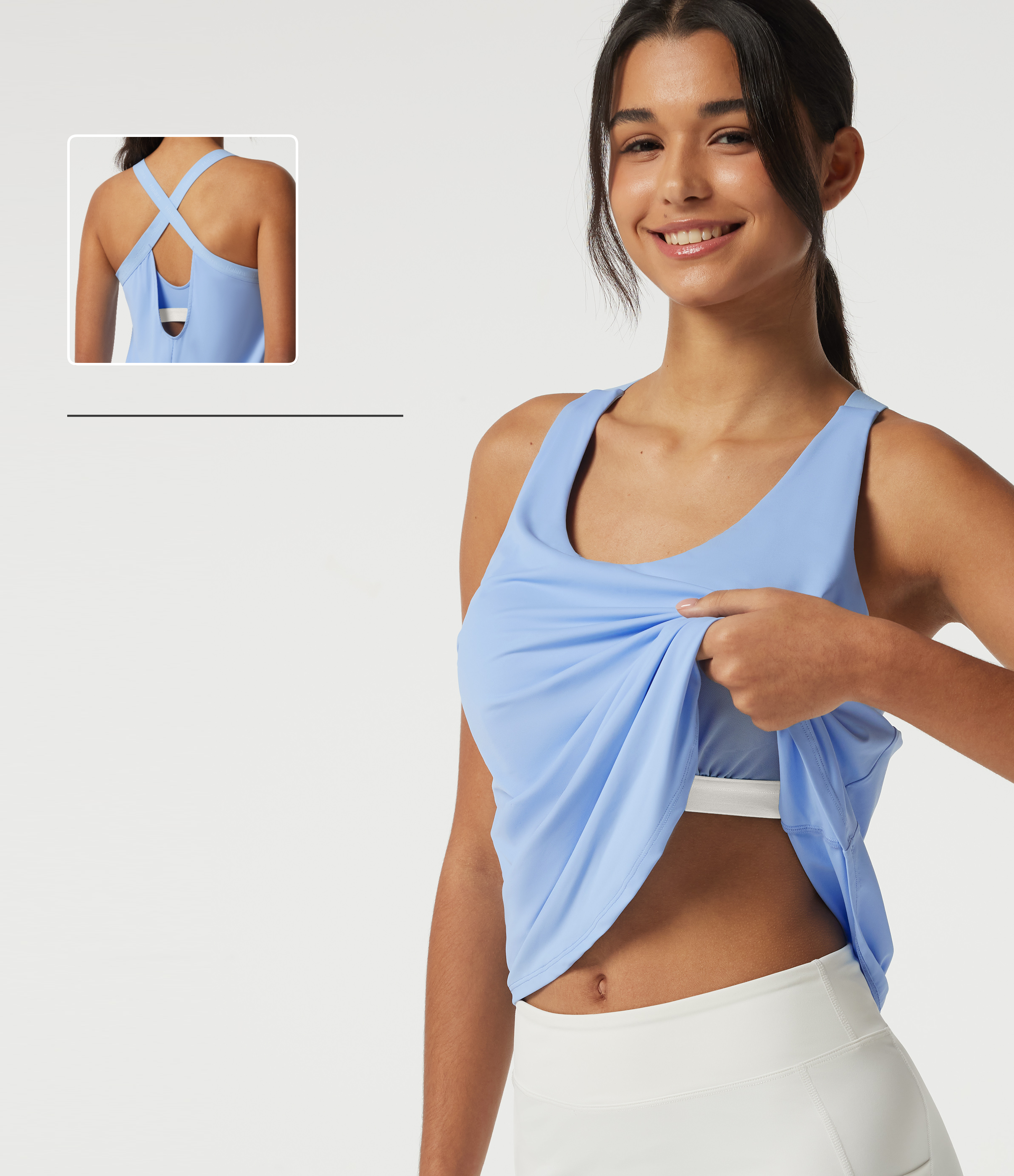 U Neck Cut Out Curved Hem Quick Dry Built-in Bra Yoga Tank Top for DD-F Cups