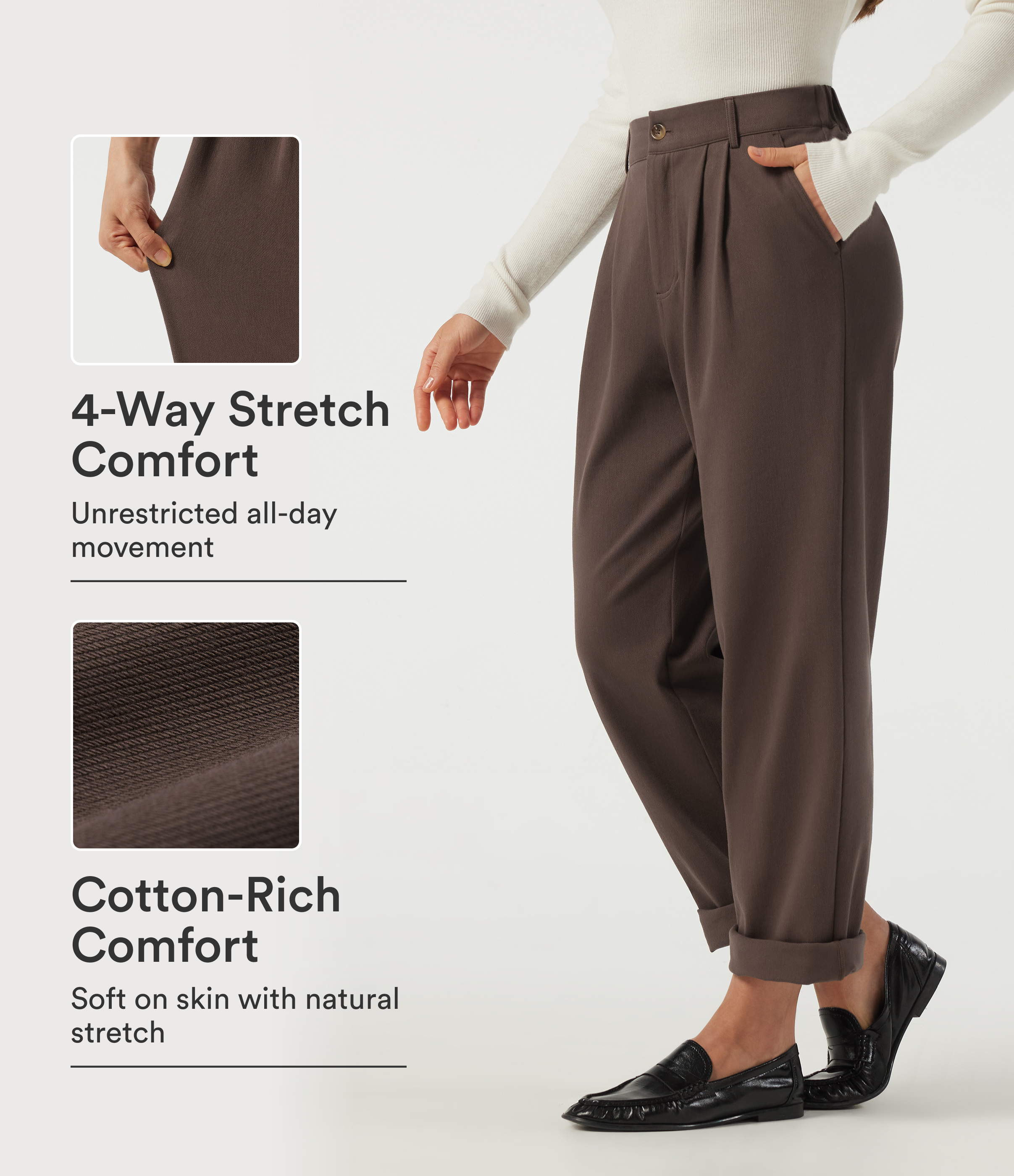 Mid Rise Straight Leg Work Cotton Pants with Pockets