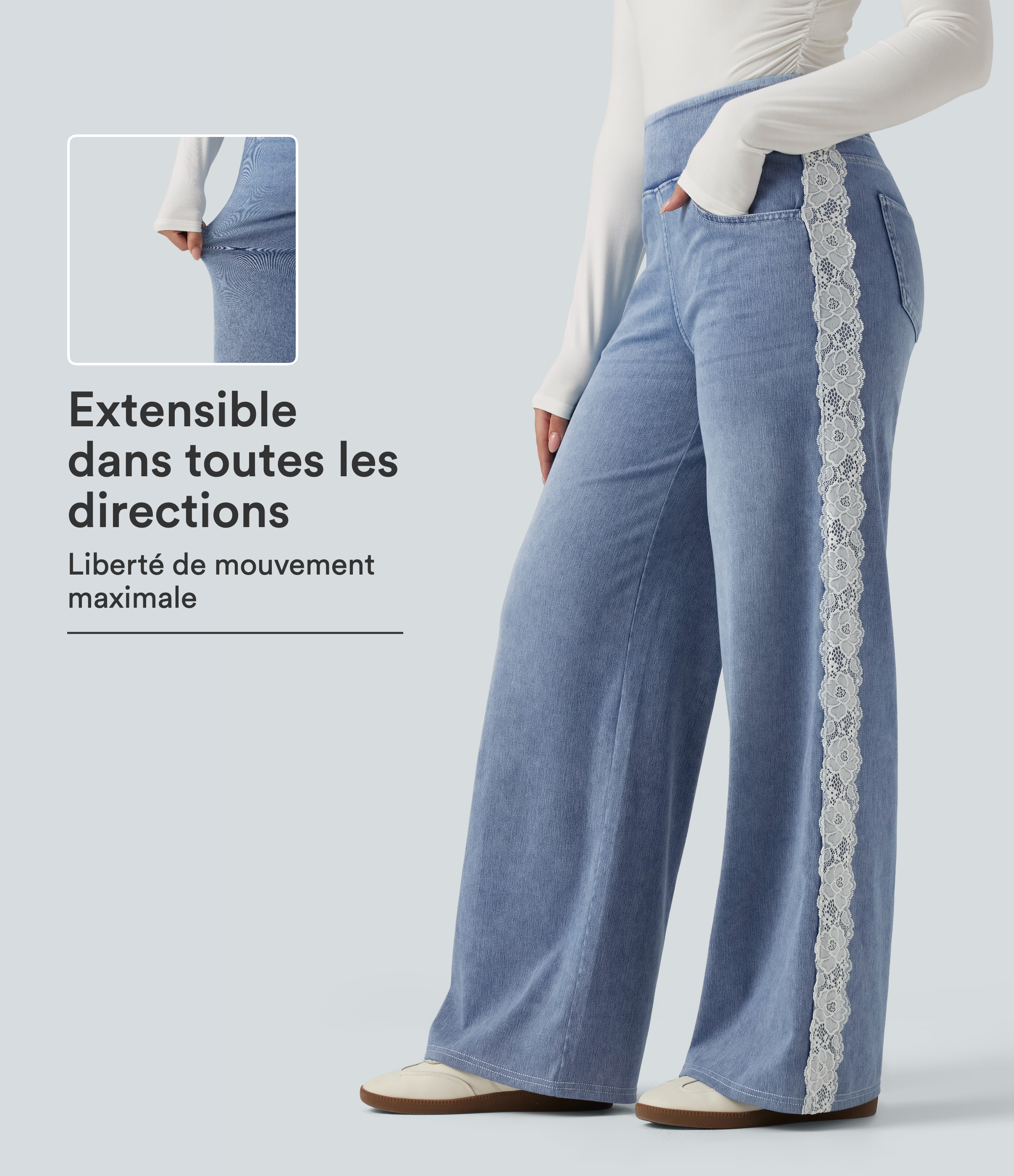 Jean Halara Flex™ en coton, coupe large taille haute avec dentelle contrastée et poches