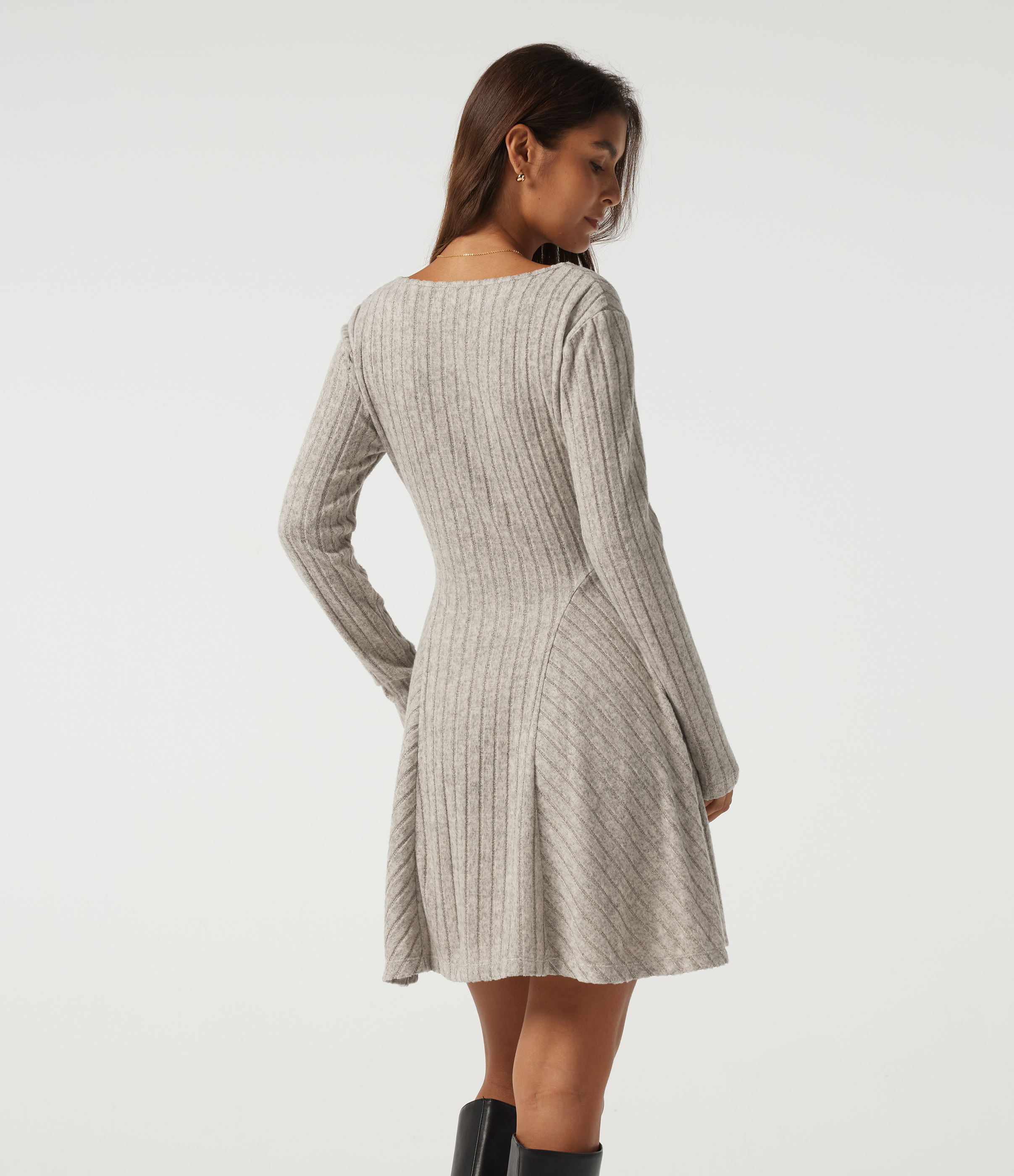 Warm Grey Floral Velvet Ribbed Knit Henley Neck Long Sleeve Mini Casual Dress with Pockets / 2