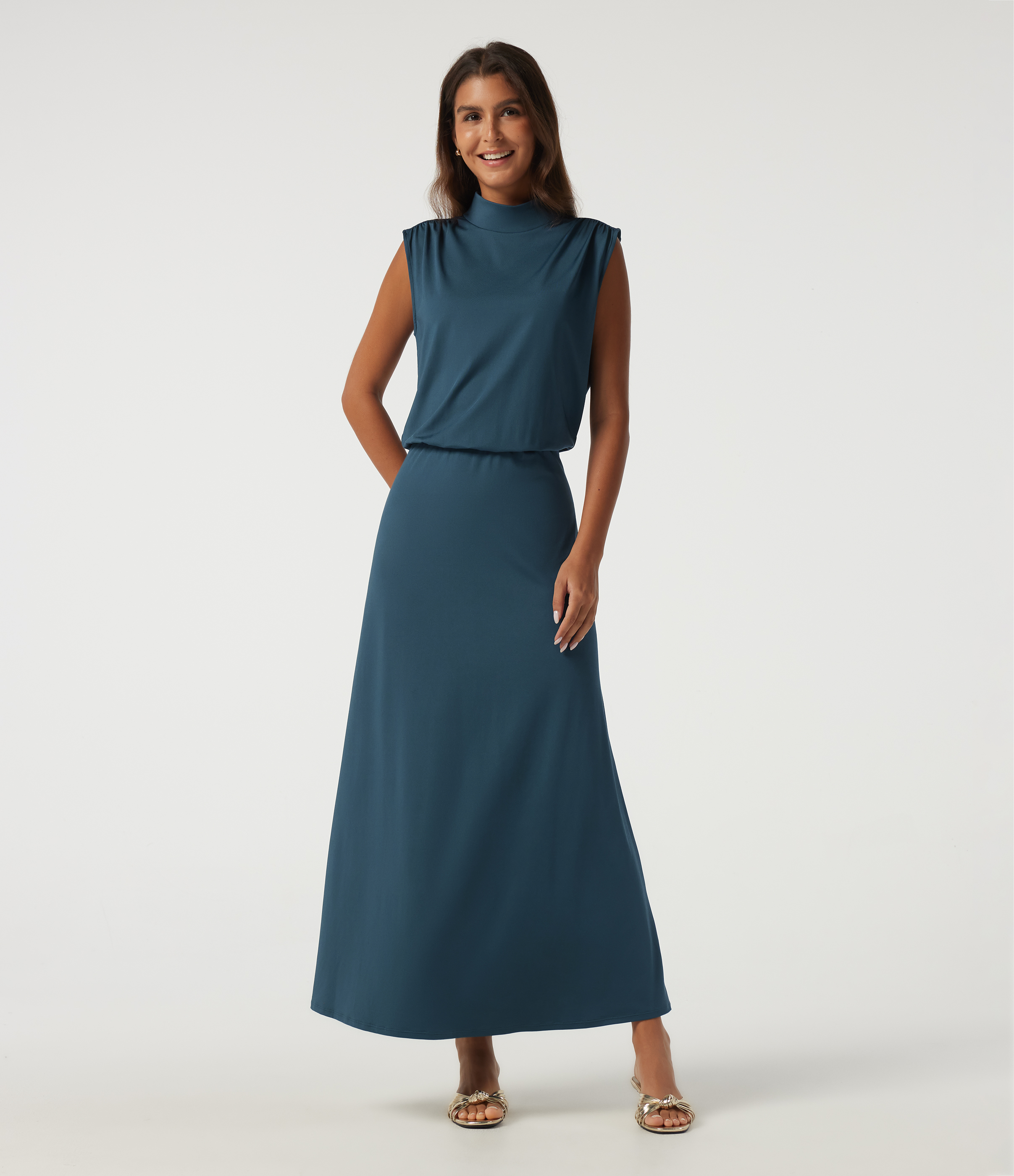 Mock Neck Sleeveless Ruched Casual Maxi Dress