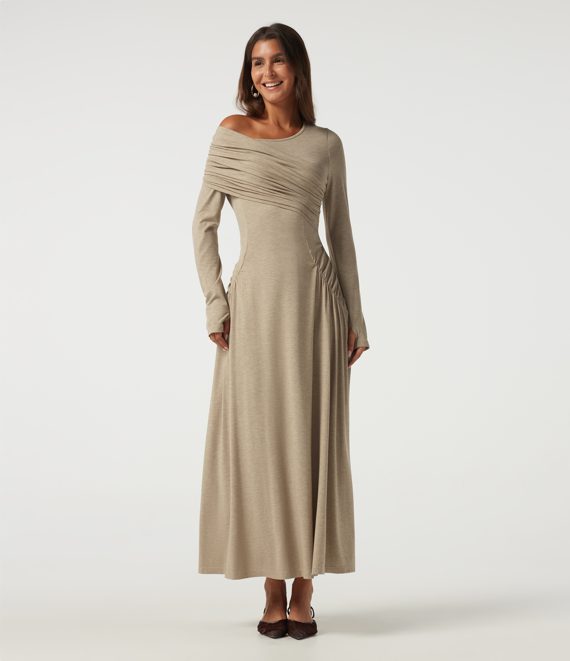 One Shoulder Ruched Stacked A-Line Casual Maxi Dress with Thumb Holes