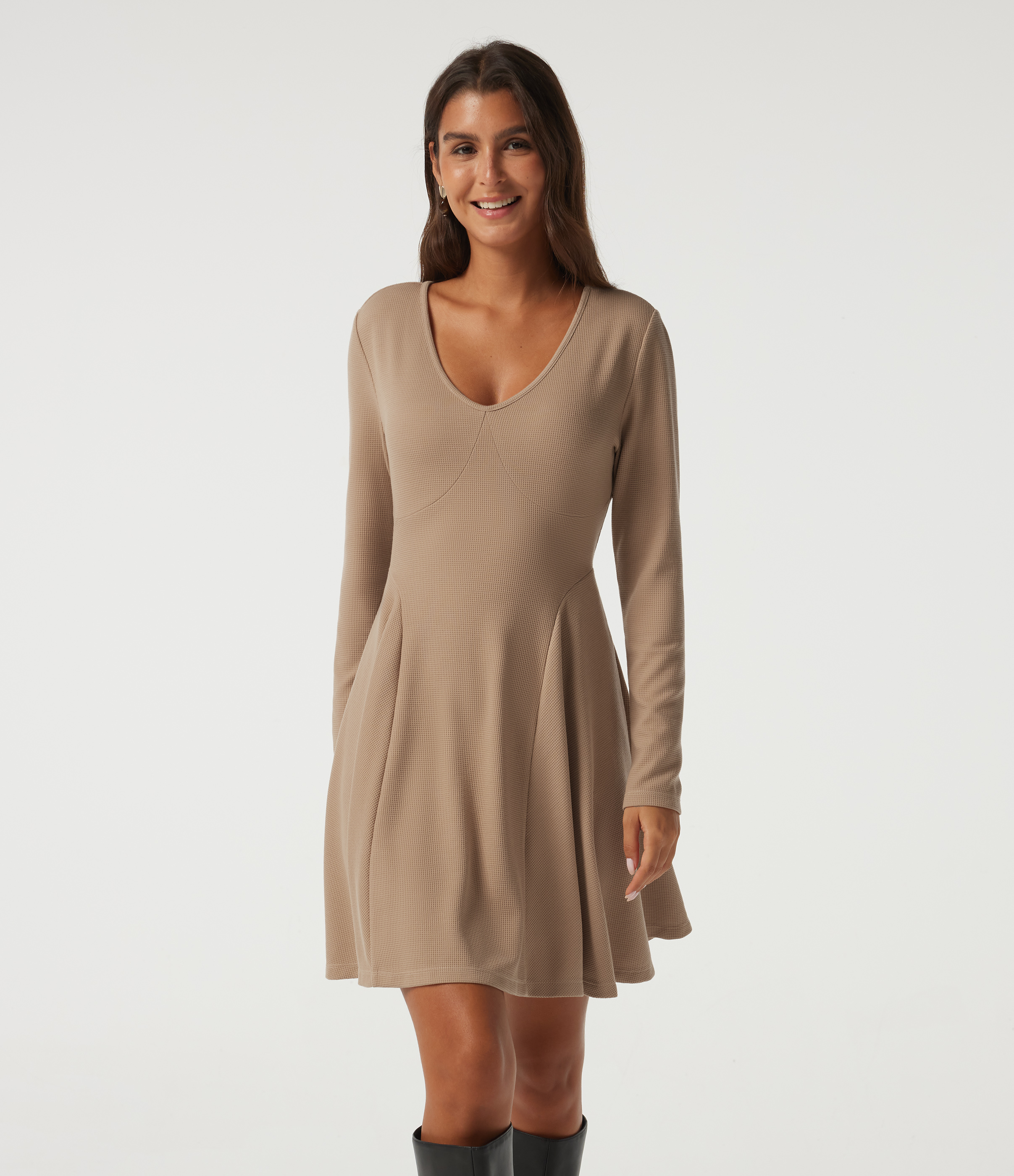 V Neck Long Sleeve A-Line Waffle Casual Mini Dress with Pockets