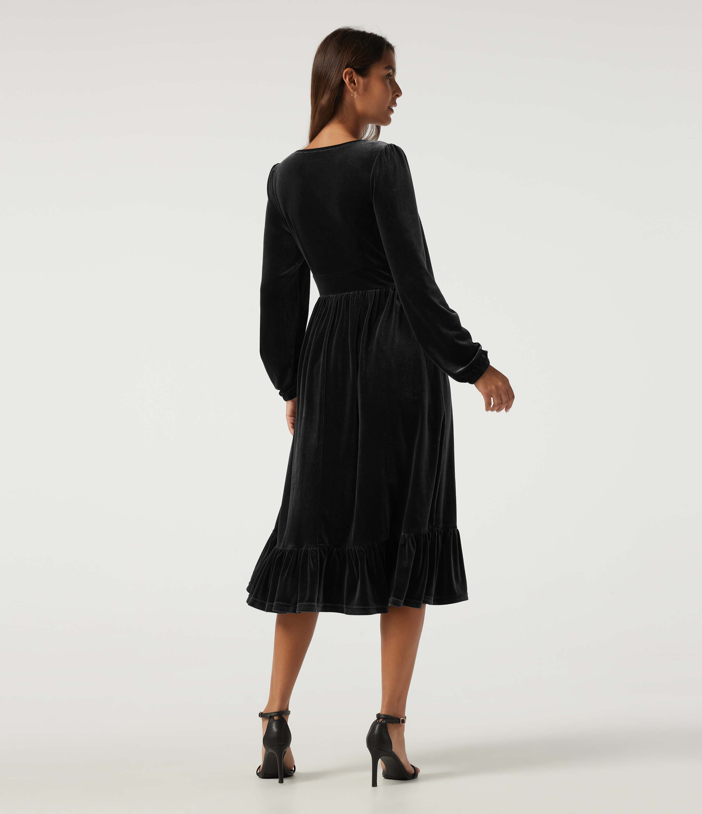 Negro Vestido midi de terciopelo con escote en V profundo, manga larga y dobladillo con volantes / 2