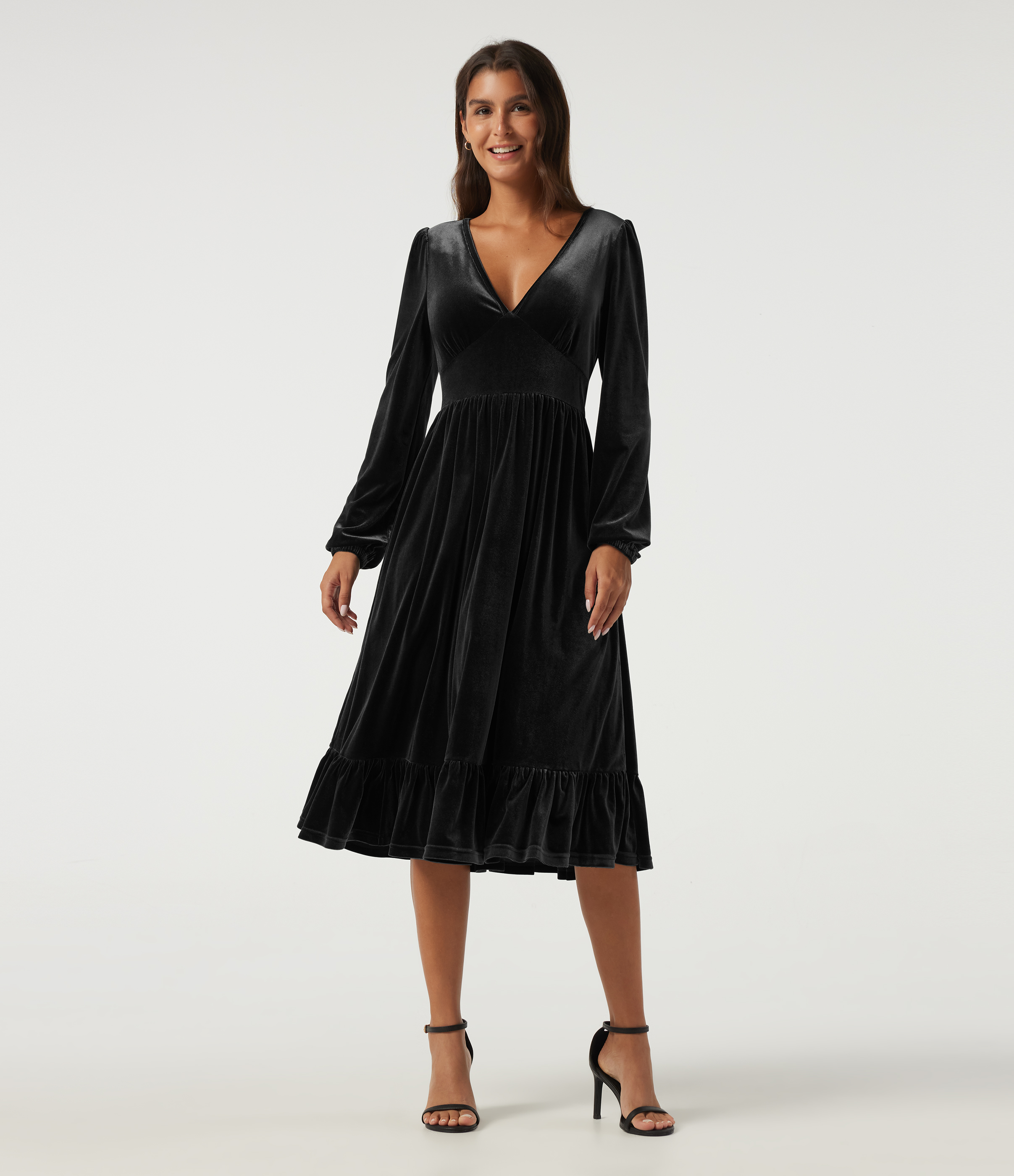 Deep V Neck Long Sleeve Ruffle Hem Velvet Midi Dress
