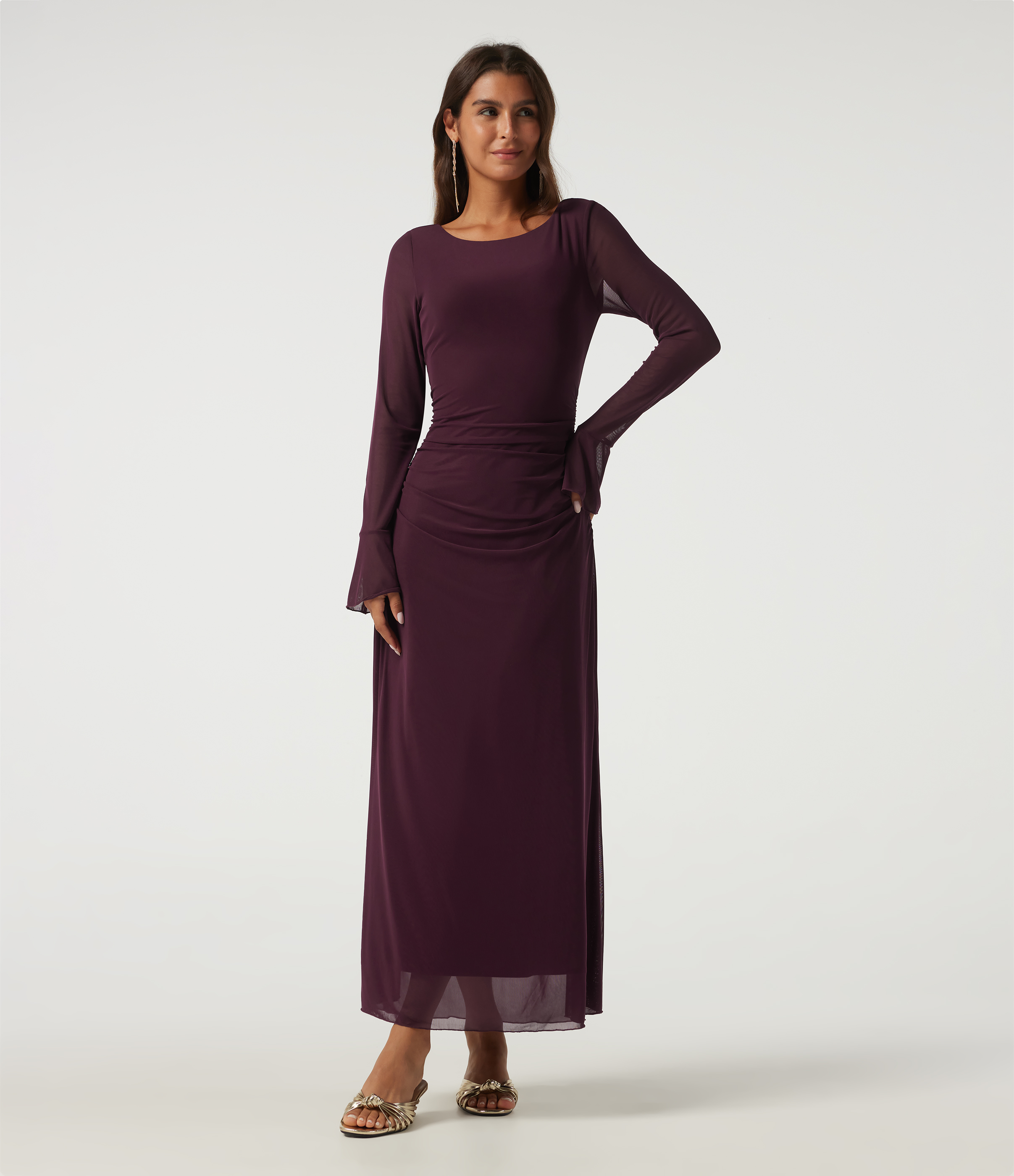 Sandalwood Grape Purple Boat Neck Flounce Long Sleeve Contrast Mesh Ruched Maxi Party Dress / 2