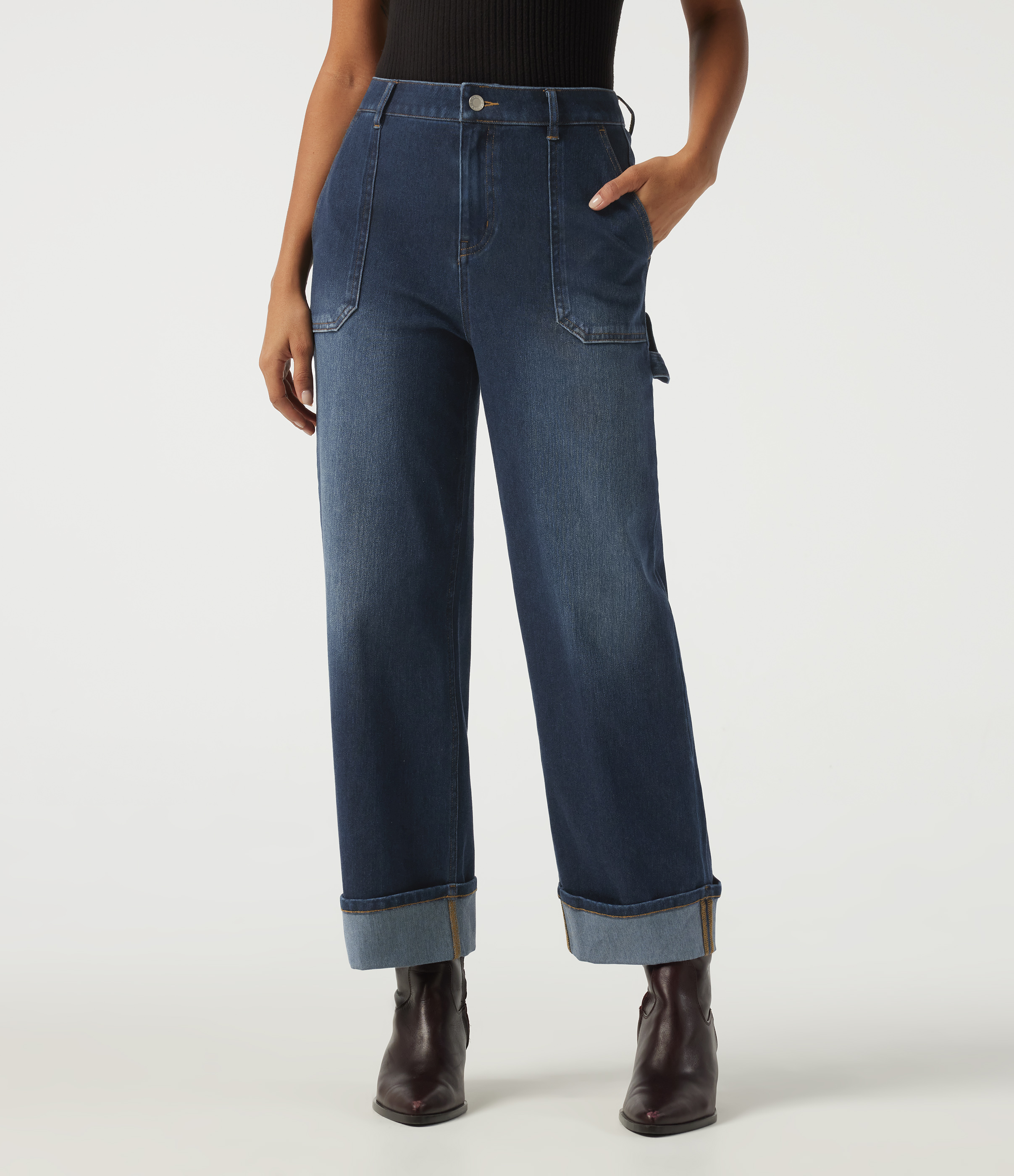 Halara Flex™ Mid Rise Straight Leg Rolled Hem Casual Cotton Jeans with Pockets
