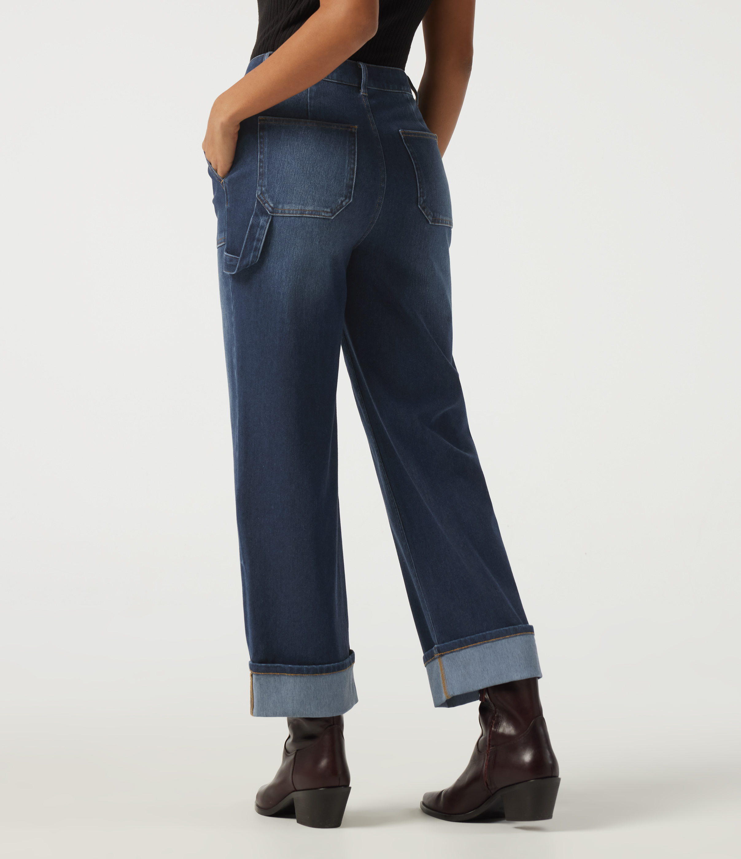 Muted Slate Indigo Halara Flex™ Mid Rise Straight Leg Rolled Hem Casual Cotton Jeans with Pockets / 2