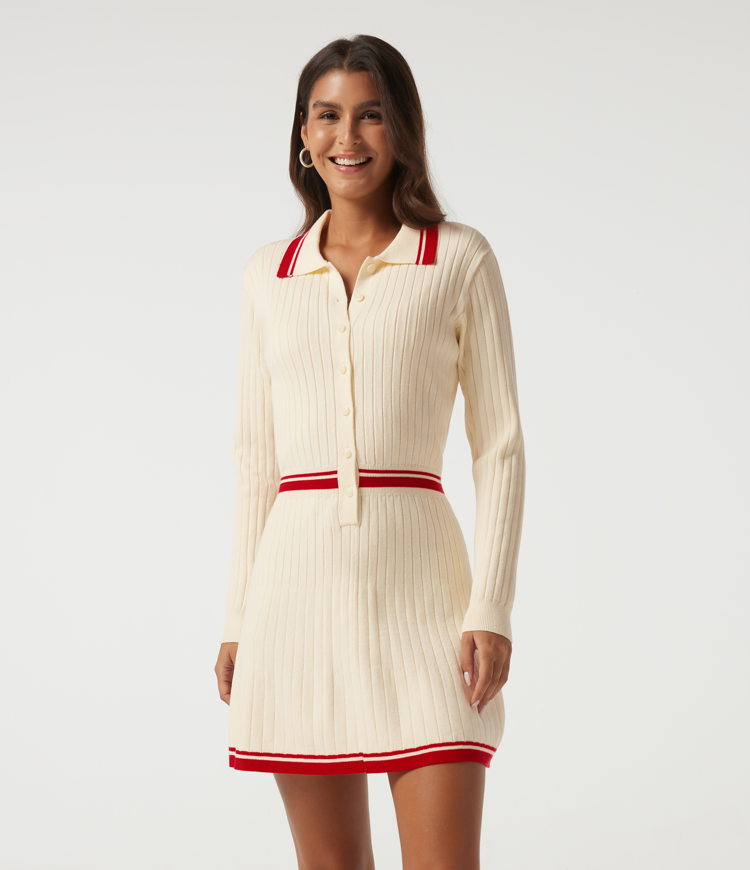 Polo Long Sleeve Pleated Color Block Bodycon Casual Mini Sweater Dress