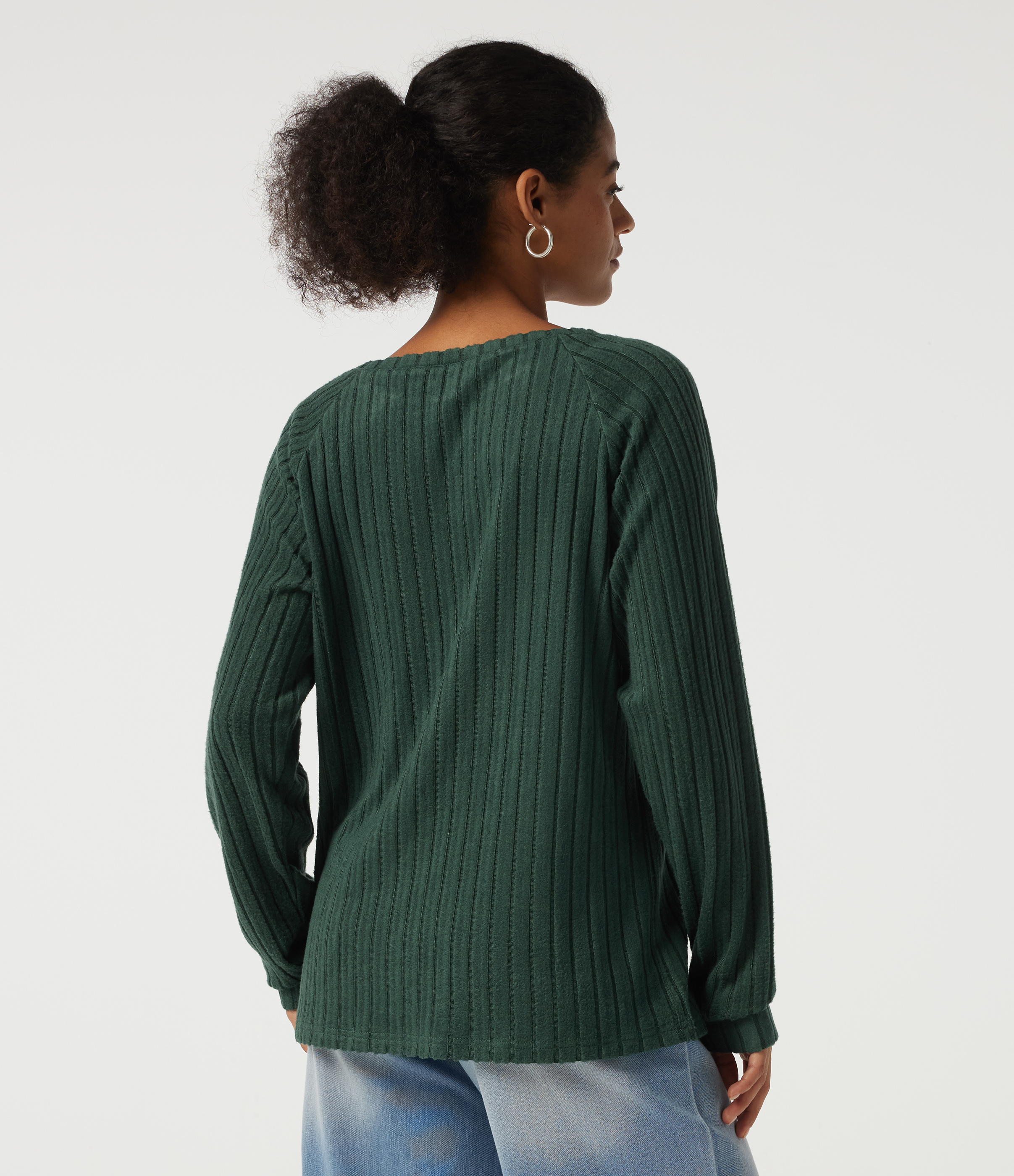 Mottled Greenlake Ribbed Knit Round Neck Long Sleeve Casual Top / 2