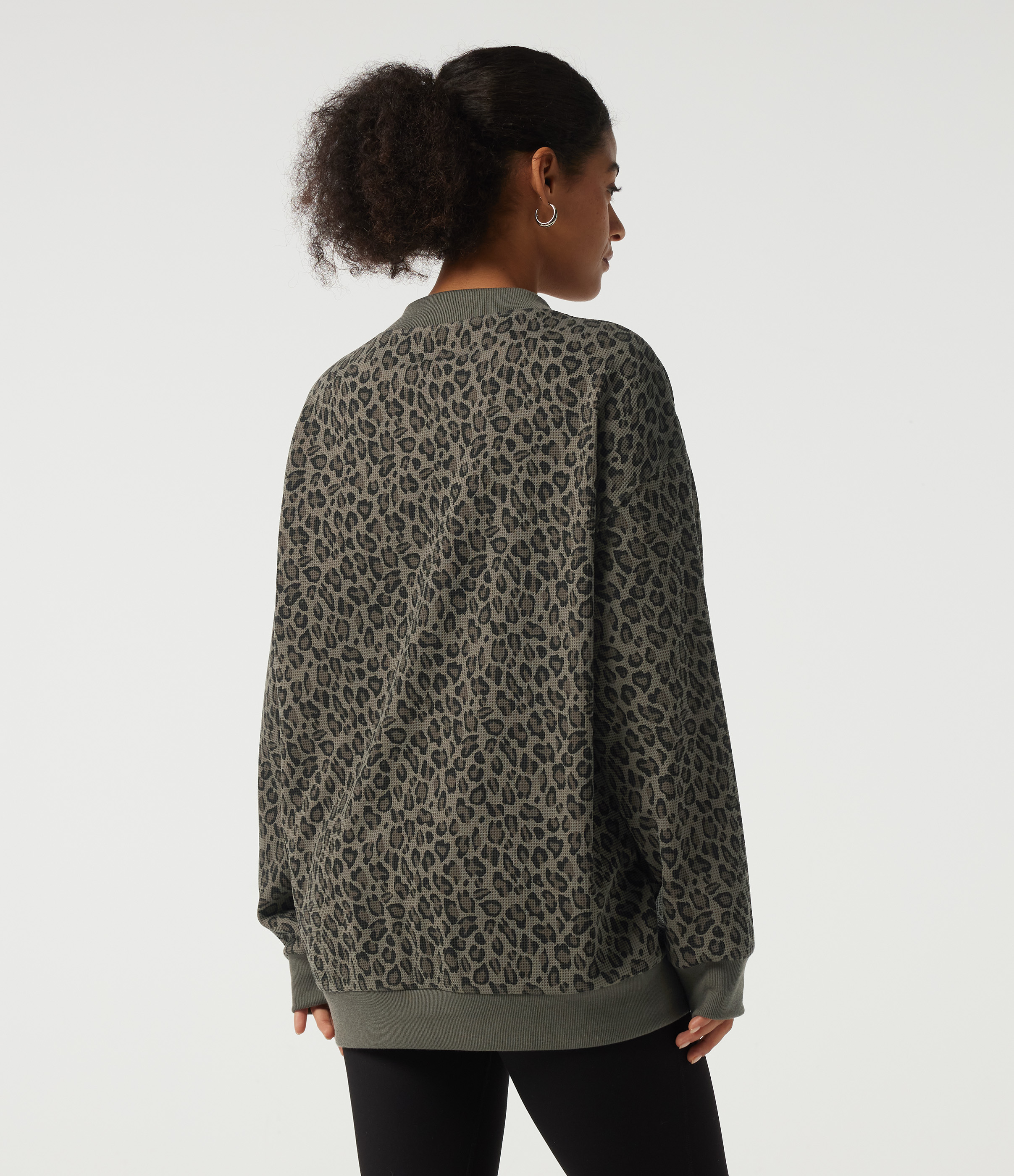 Sable Mist Leopard V Neck Long Sleeve Leopard Print Waffle Casual Top / 2