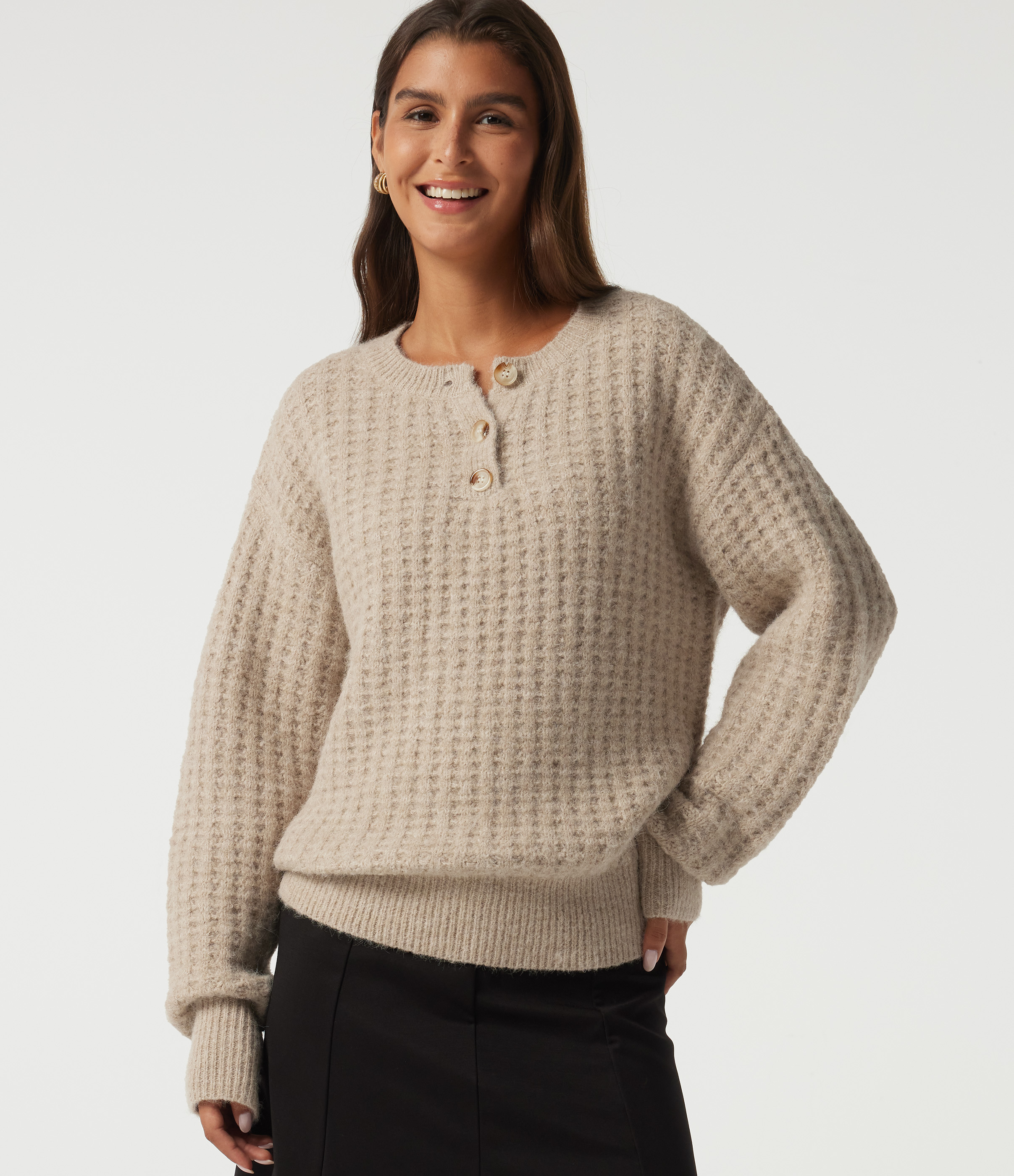 Henley Neck Drop Shoulder Long Sleeve Casual Sweater
