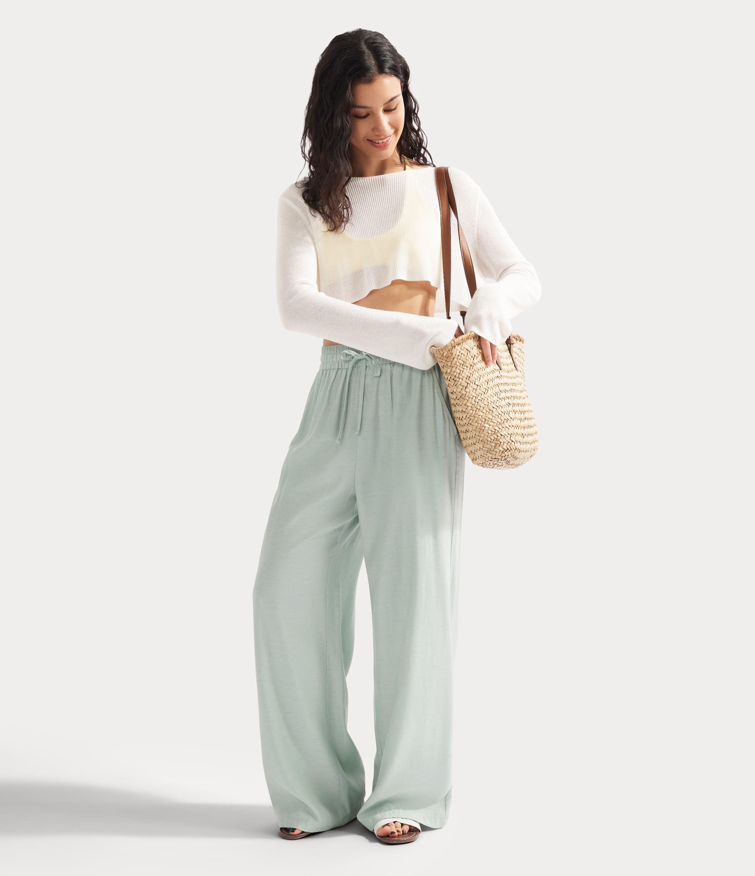 Always in a Mood - Dark Blue Pantalon casual large fluide mélange lin taille haute avec cordon de serrage et poches / 2