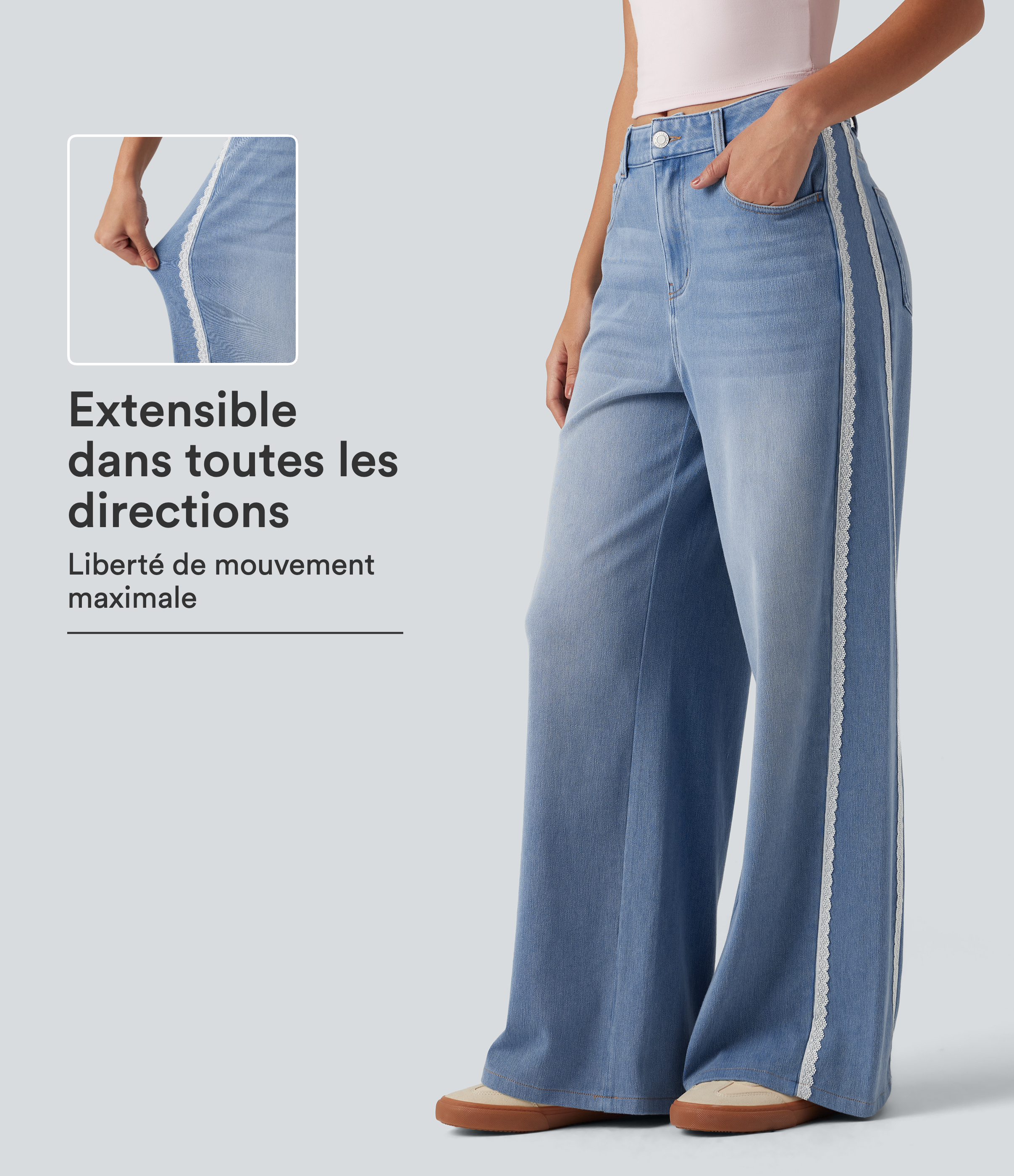 Jean Halara Flex™ dentelle contrastée coupe large taille mi-haute avec poches