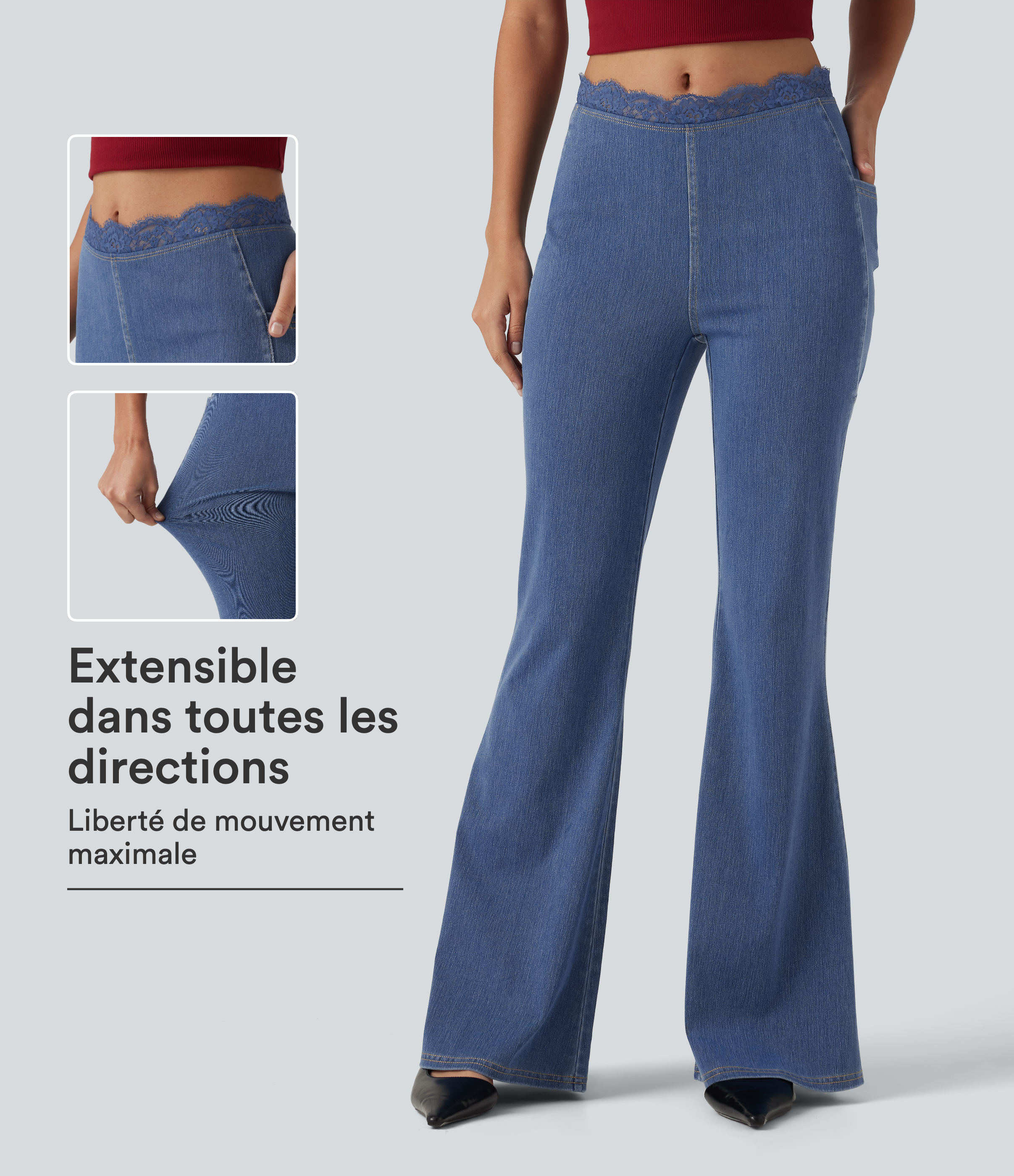 Halara Flex™ - Casual flared jeans with a mid-rise waist, side pockets, and contrasting lace