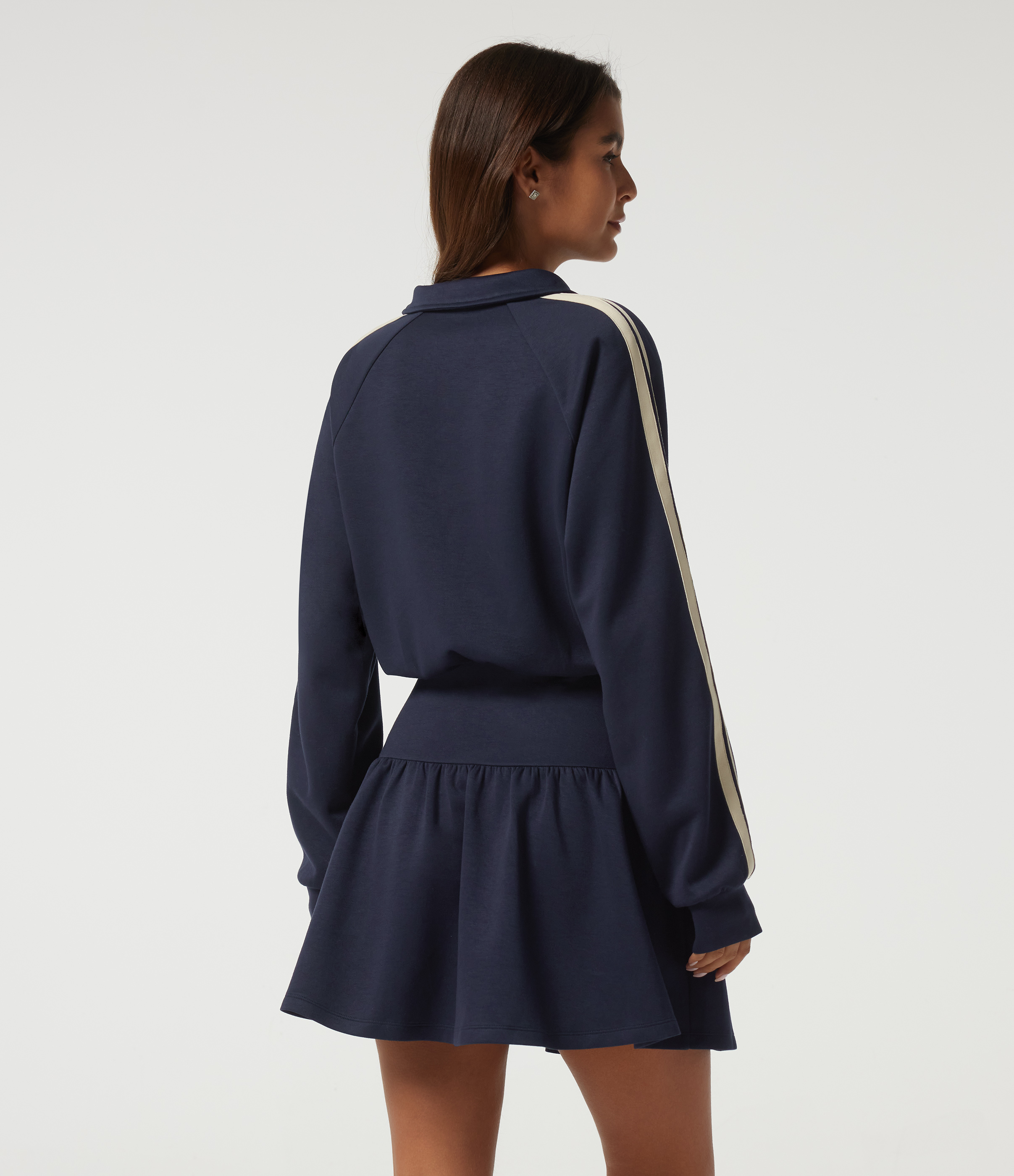 Midnight Blue Lapel Long Sleeve Raglan Side Stripe Casual Mini Sweatshirt Dress / 2