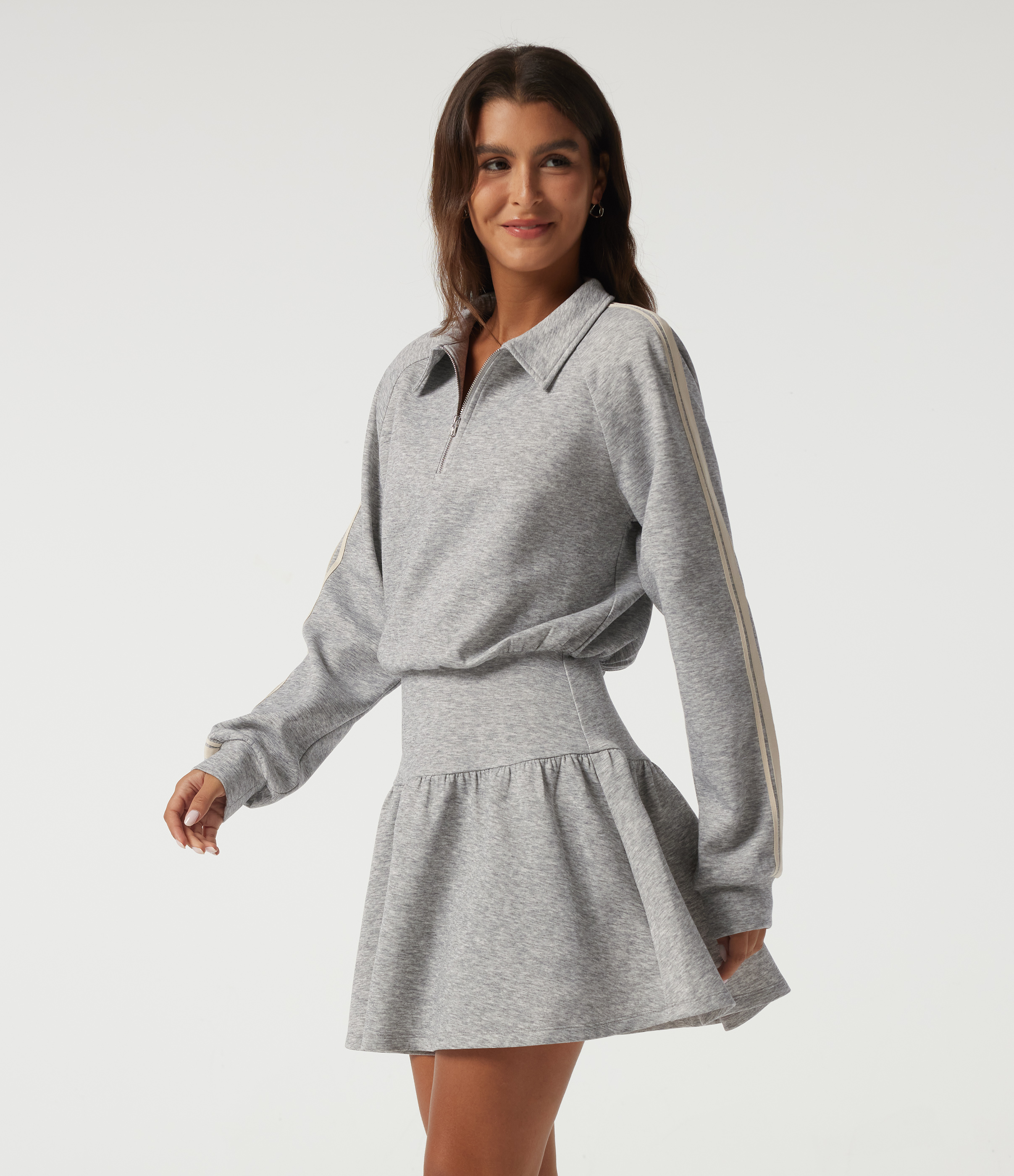 Lapel Long Sleeve Raglan Side Stripe Casual Mini Sweatshirt Dress