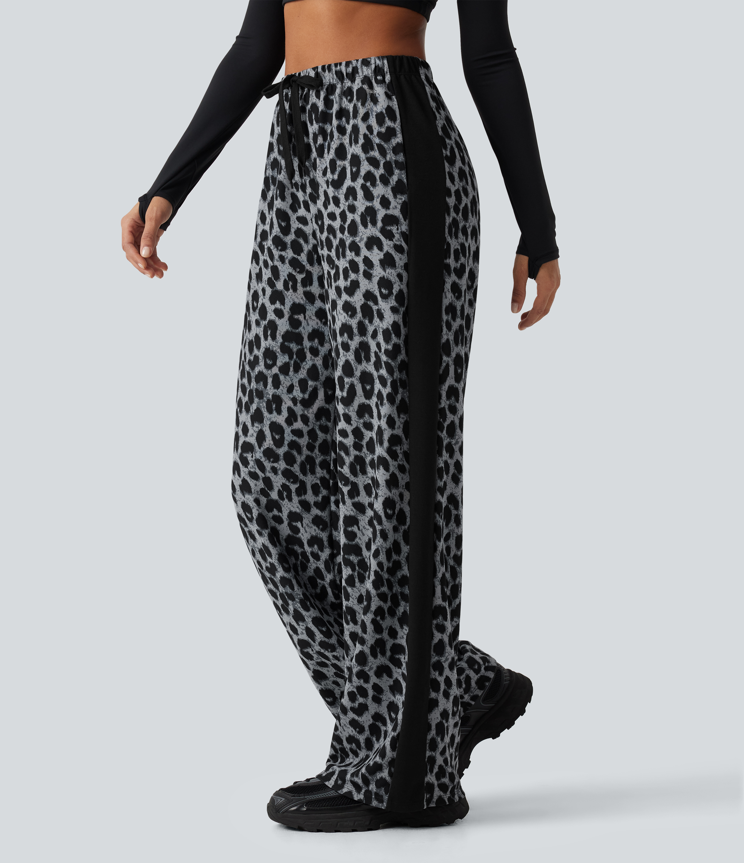 High Waisted Drawstring Wide Leg Leopard Print Color Block Casual Pants with Pockets