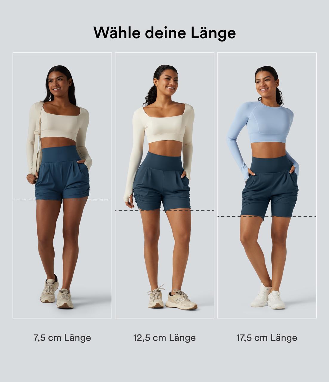 Majolica Blue Softlyzero™ Airy - Geraffte Yoga-Shorts mit hohem Bund, mehreren Taschen und InstantCool - 12,7 cm / 2