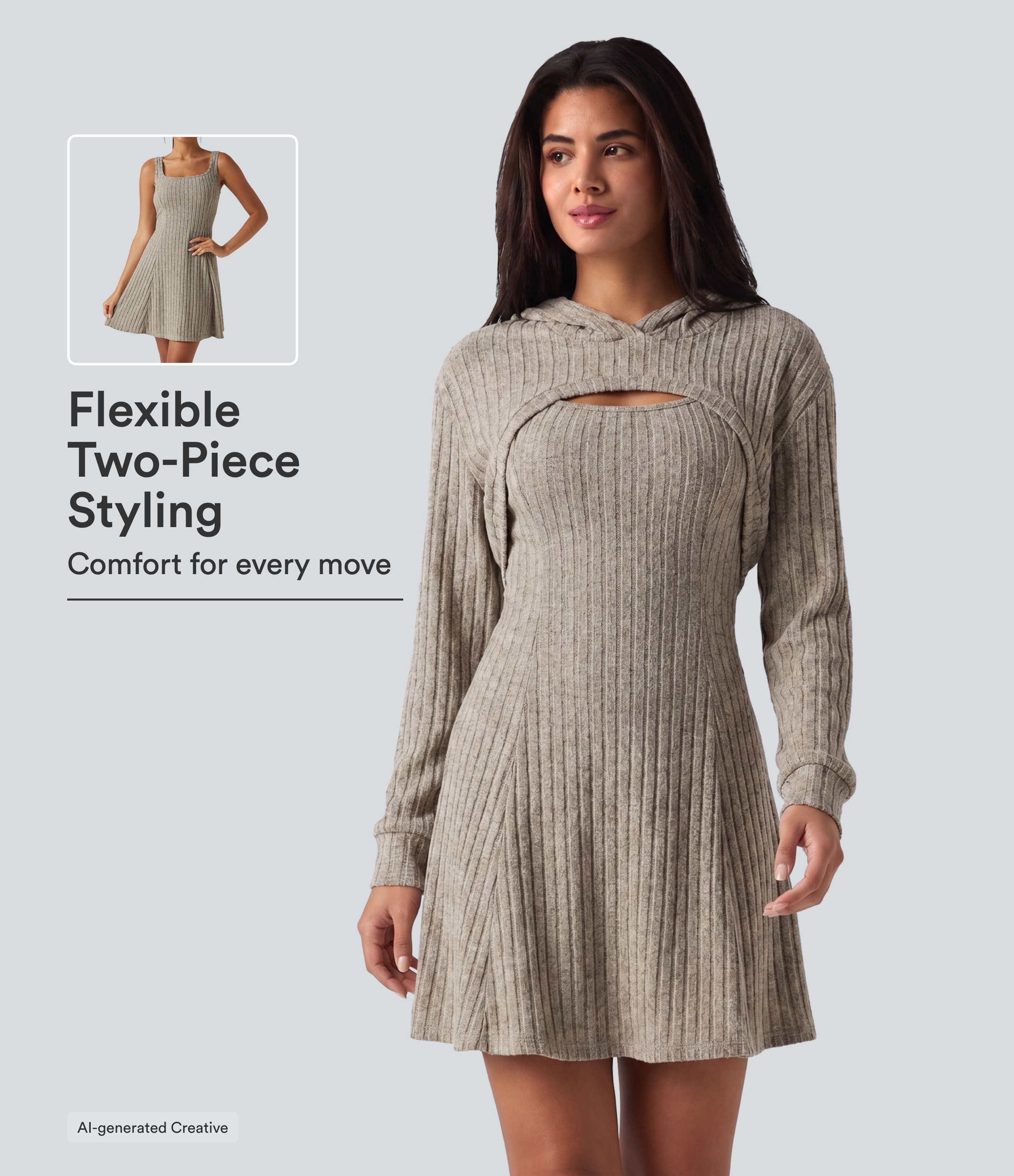 Ribbed Knit Hooded Long Sleeve 2-Piece Mini Casual Dress