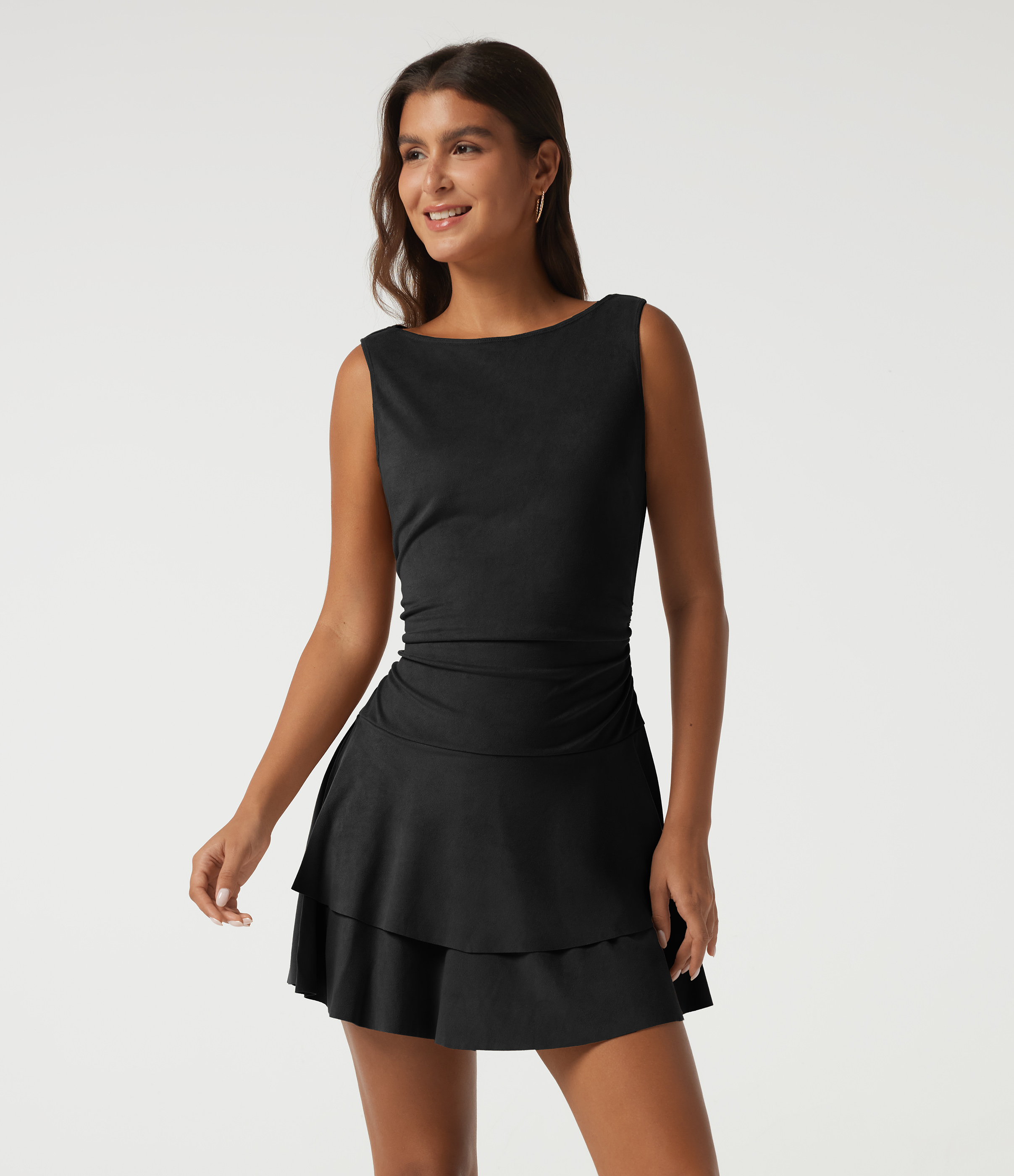 Boat Neck Sleeveless A Line Tiered Suede Mini Casual Dress