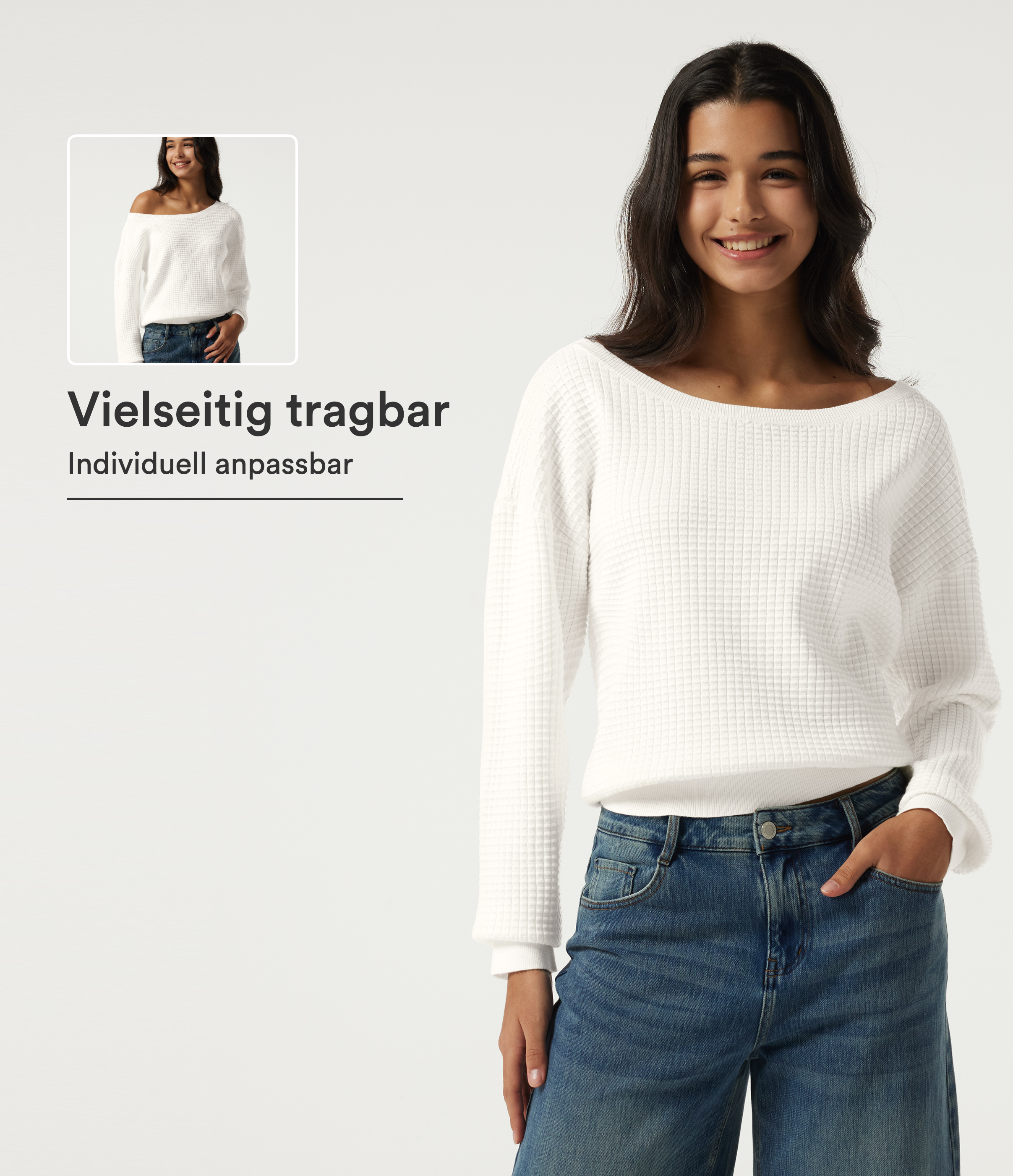 Weiß Lässiger Pullover mit langen Ärmeln und Waffelmuster / 1