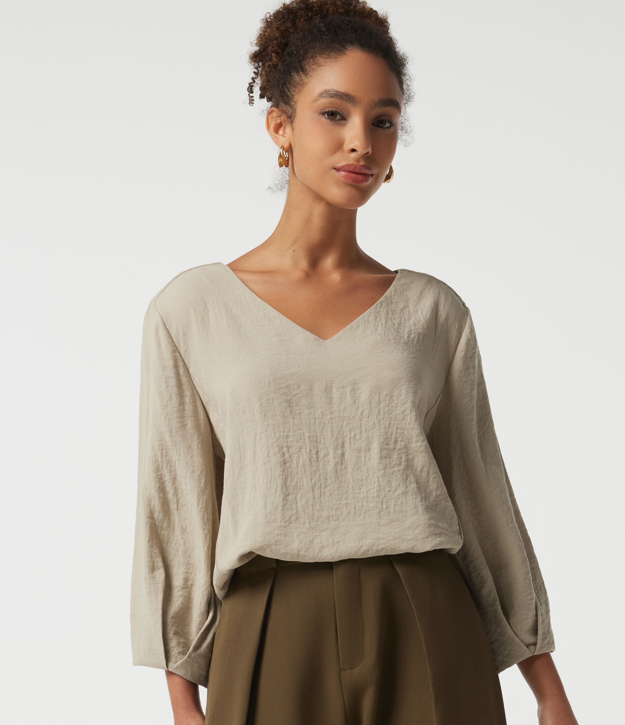 V Neck Bubble Long Sleeve Work Blouse
