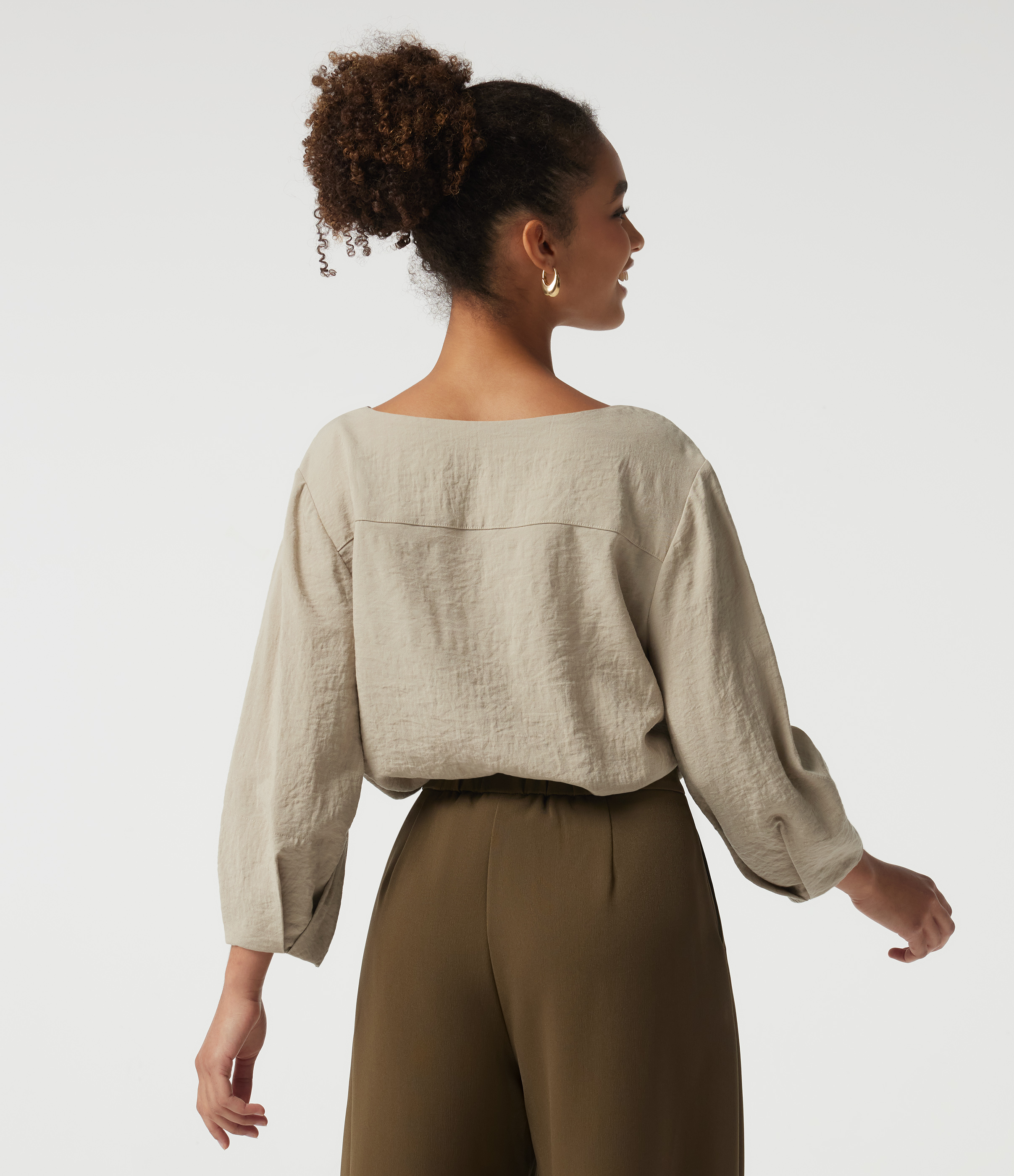 Feather Gray V Neck Bubble Long Sleeve Work Blouse / 2