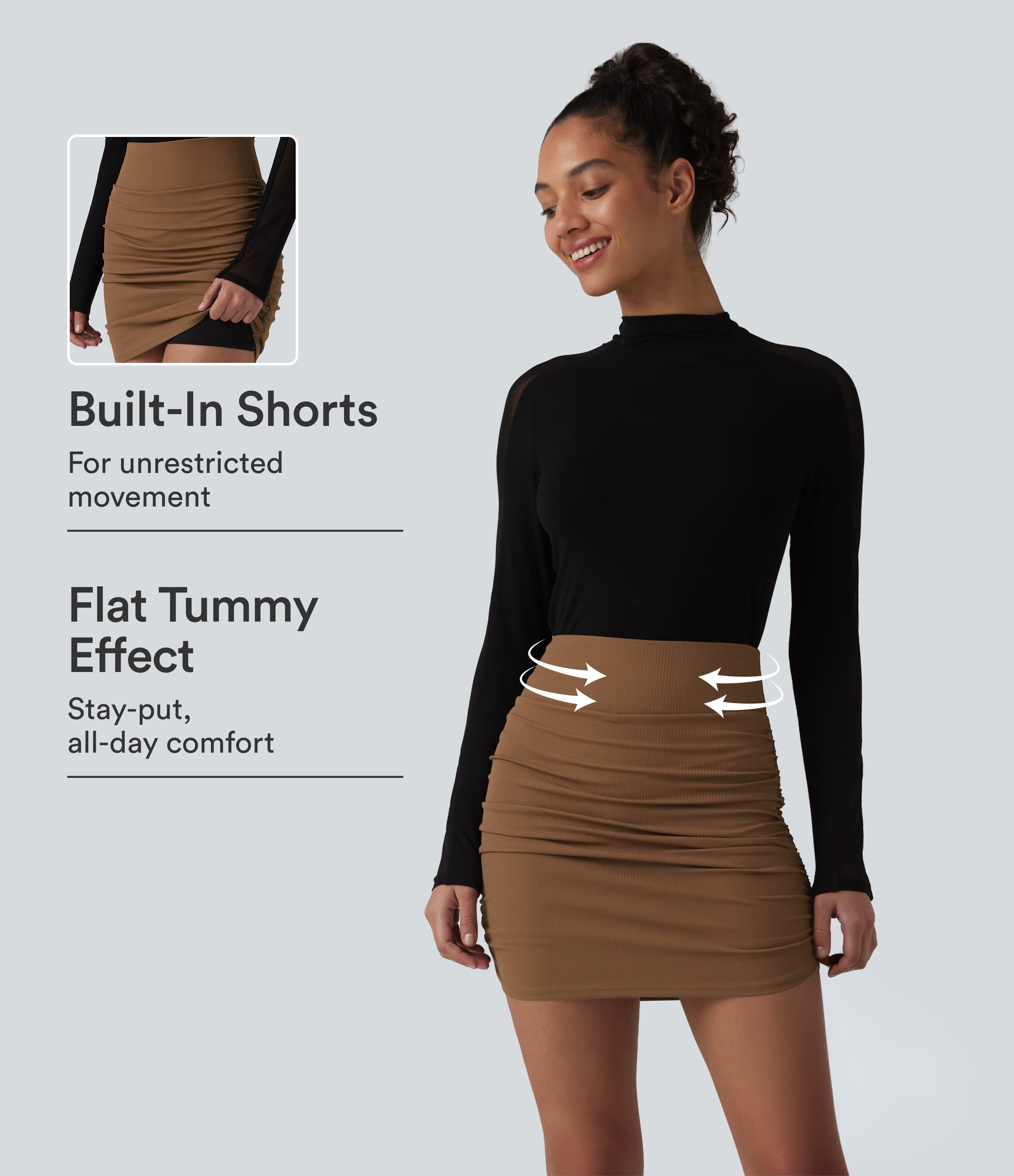 Ribbed High Waisted Tummy Control Ruched Curved Hem 2-in-1 Mini Bodycon Party Skirt