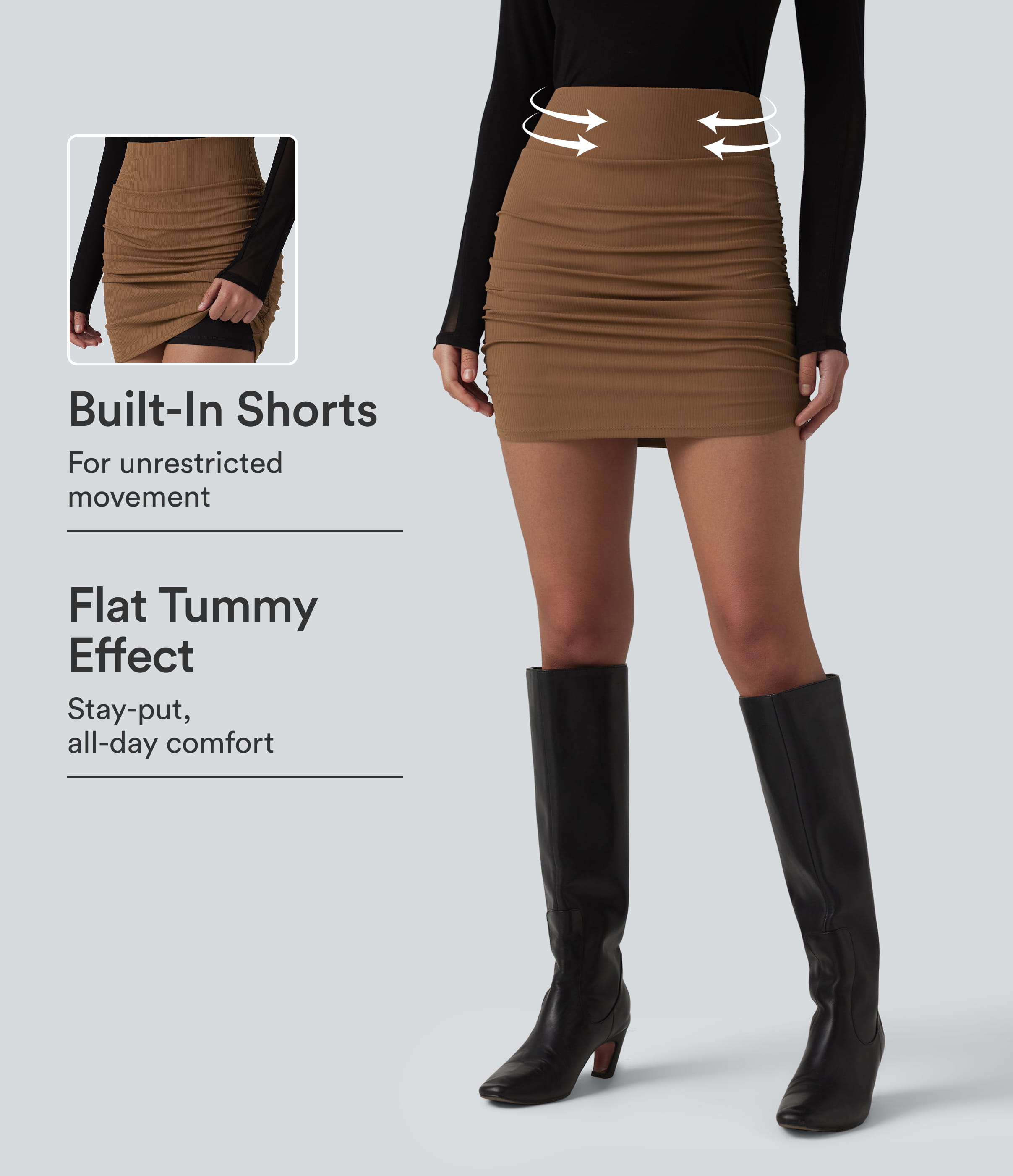 Ribbed High Waisted Tummy Control Ruched Curved Hem 2-in-1 Mini Bodycon Party Skirt