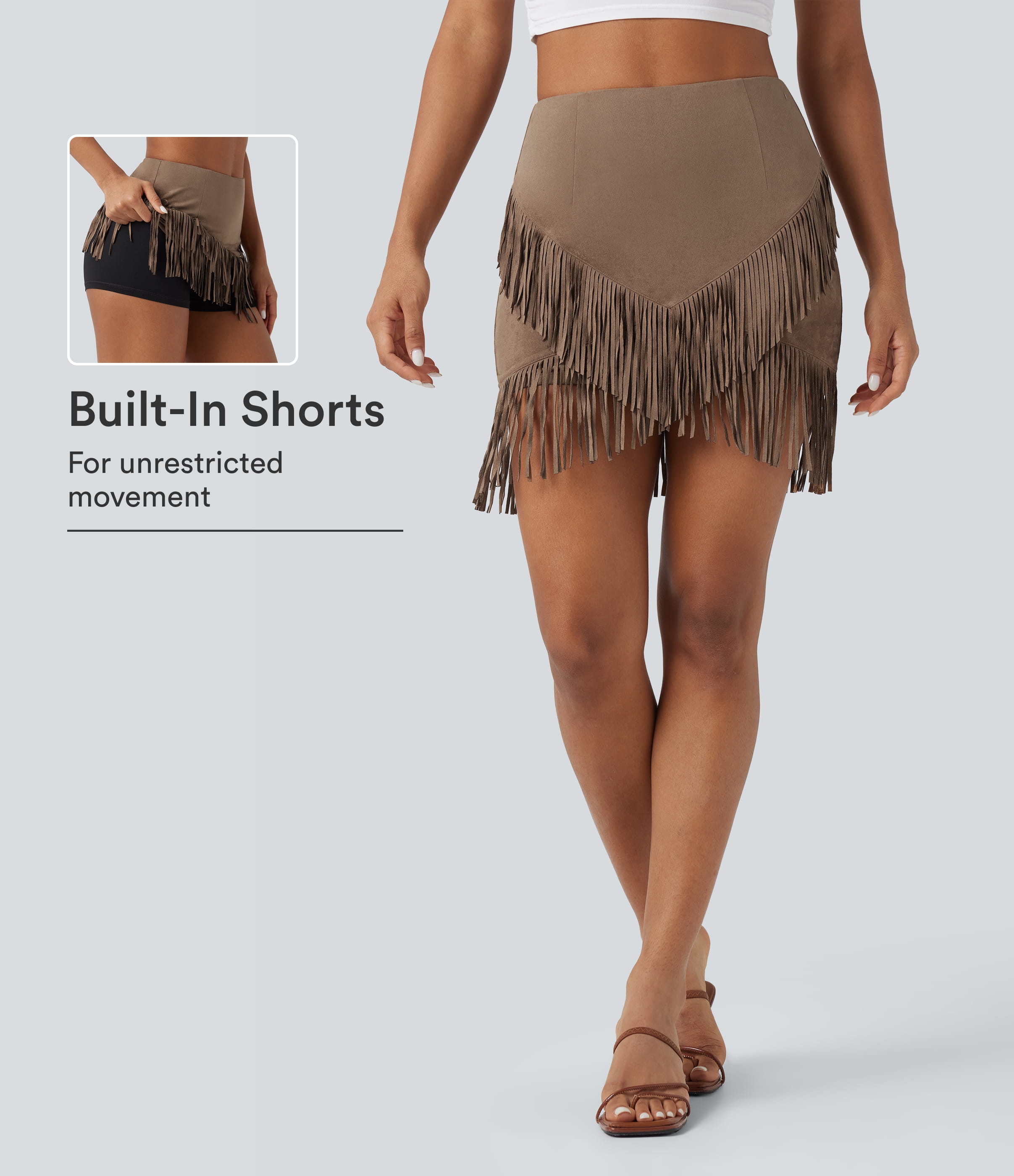 High Waisted 2-in-1 Fringe Hem Bodycon Mini Suede Casual Skirt