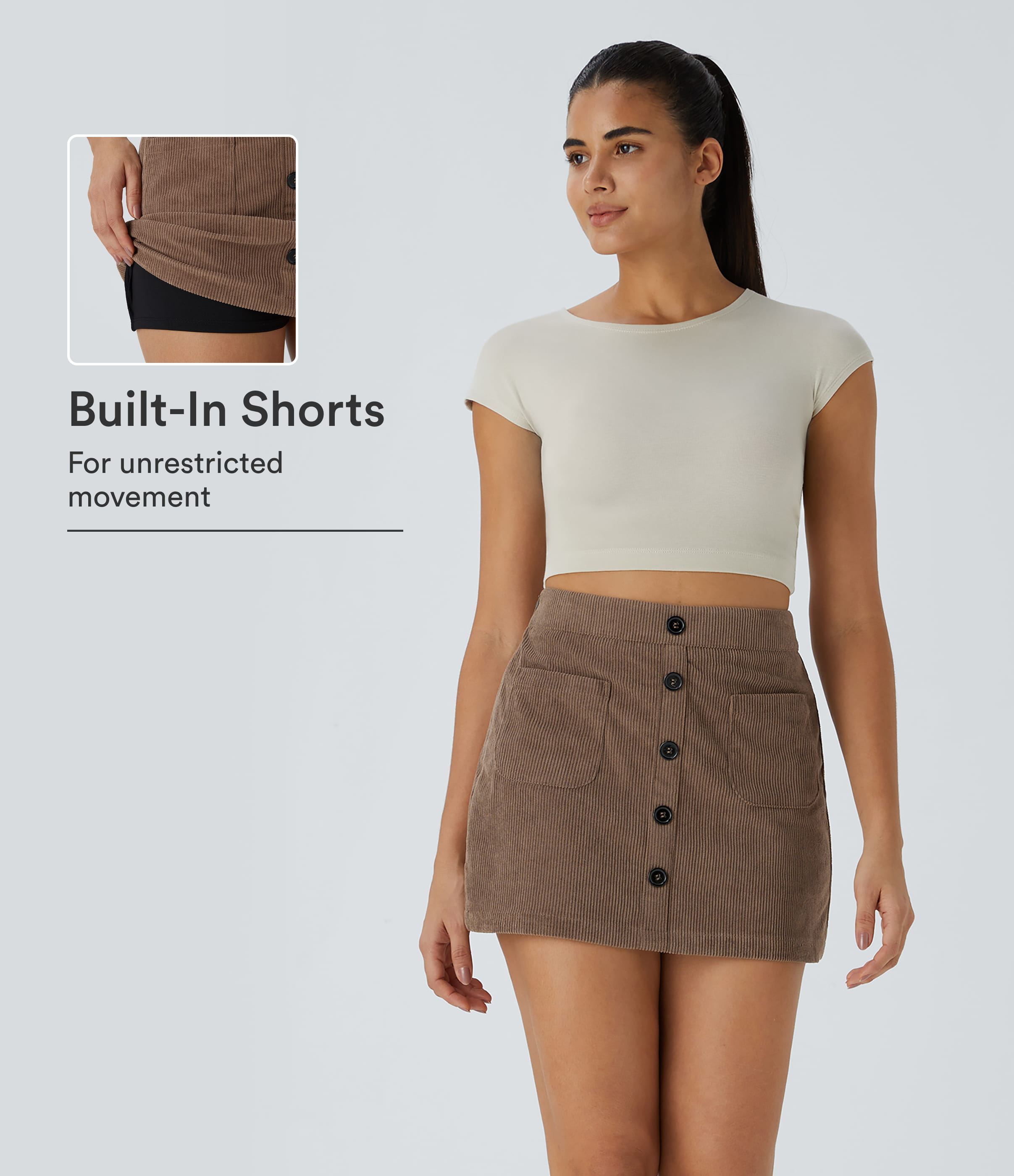 High Waisted Pocket Zipper 2-in-1 Corduroy Mini Casual Skirt