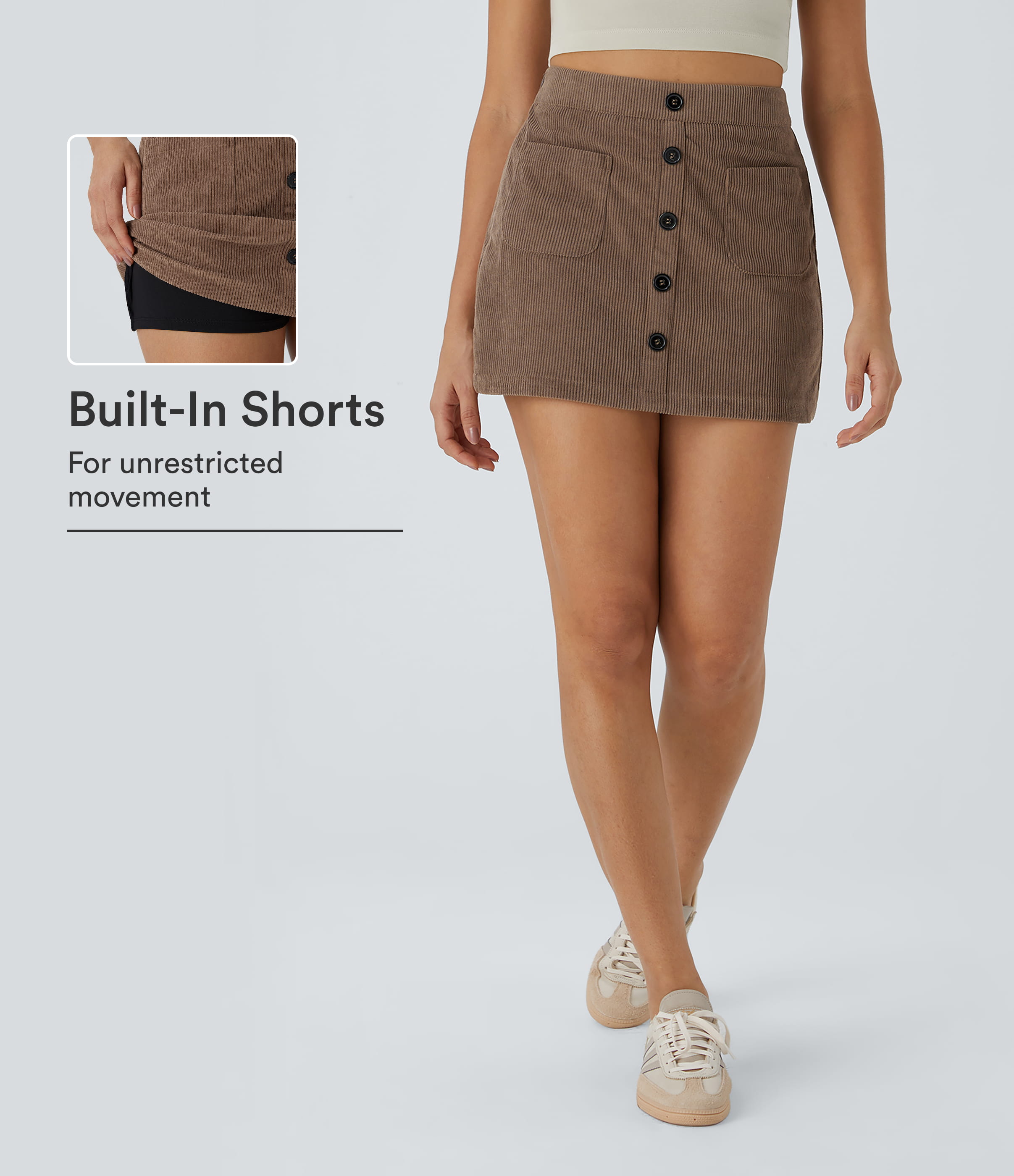 High Waisted Pocket Zipper 2-in-1 Corduroy Mini Casual Skirt