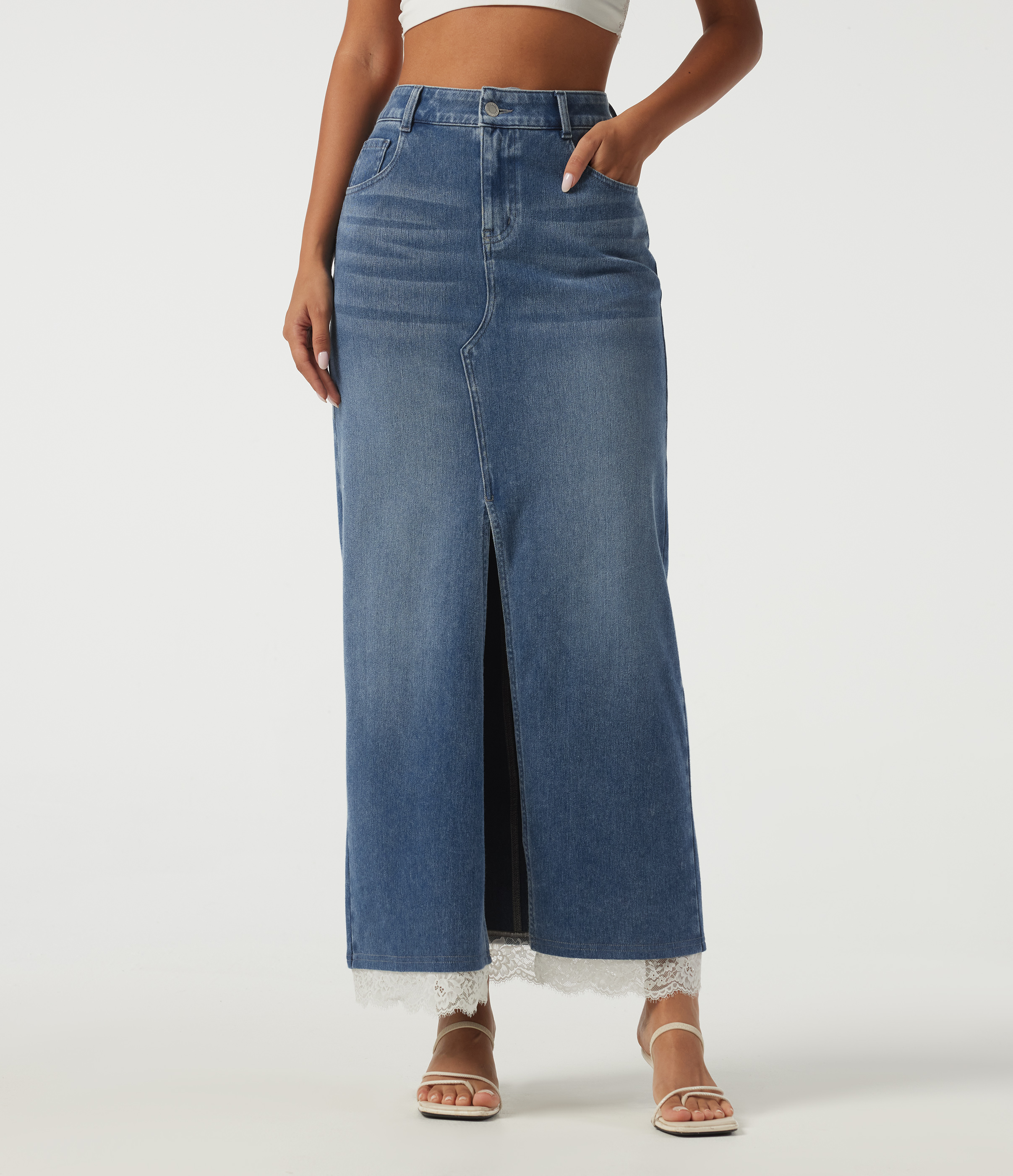 Halara Flex™ High Waisted Contrast Lace Denim Casual Cotton Maxi Pencil Skirt with Pockets