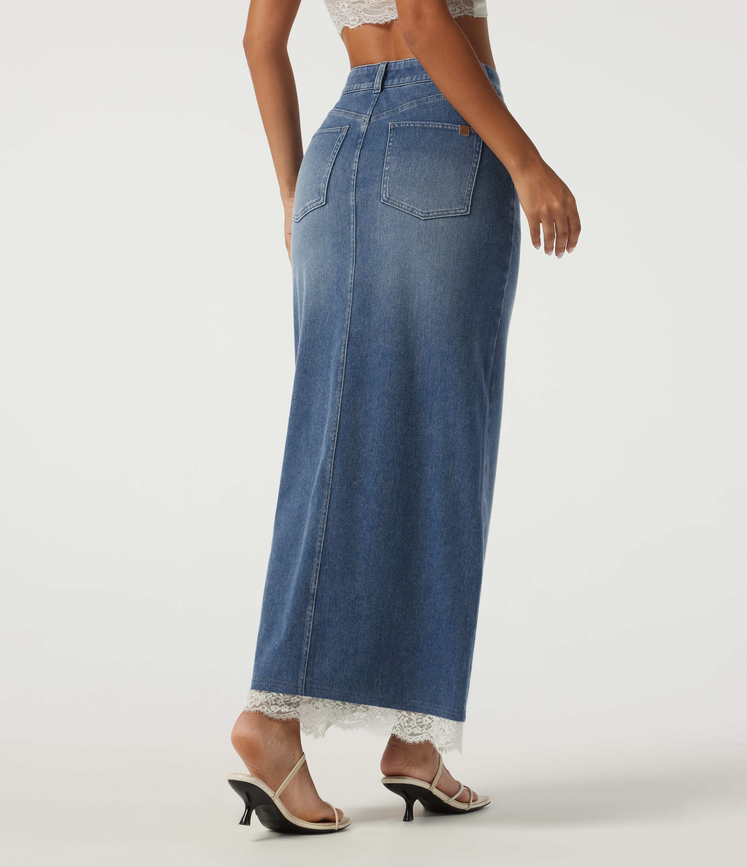 Tide Blue Denim Halara Flex™ - Lässiger Maxirock im Bleistift-Stil aus Denim mit hohem Bund, mehreren Taschen und Kontrastspitze / 2