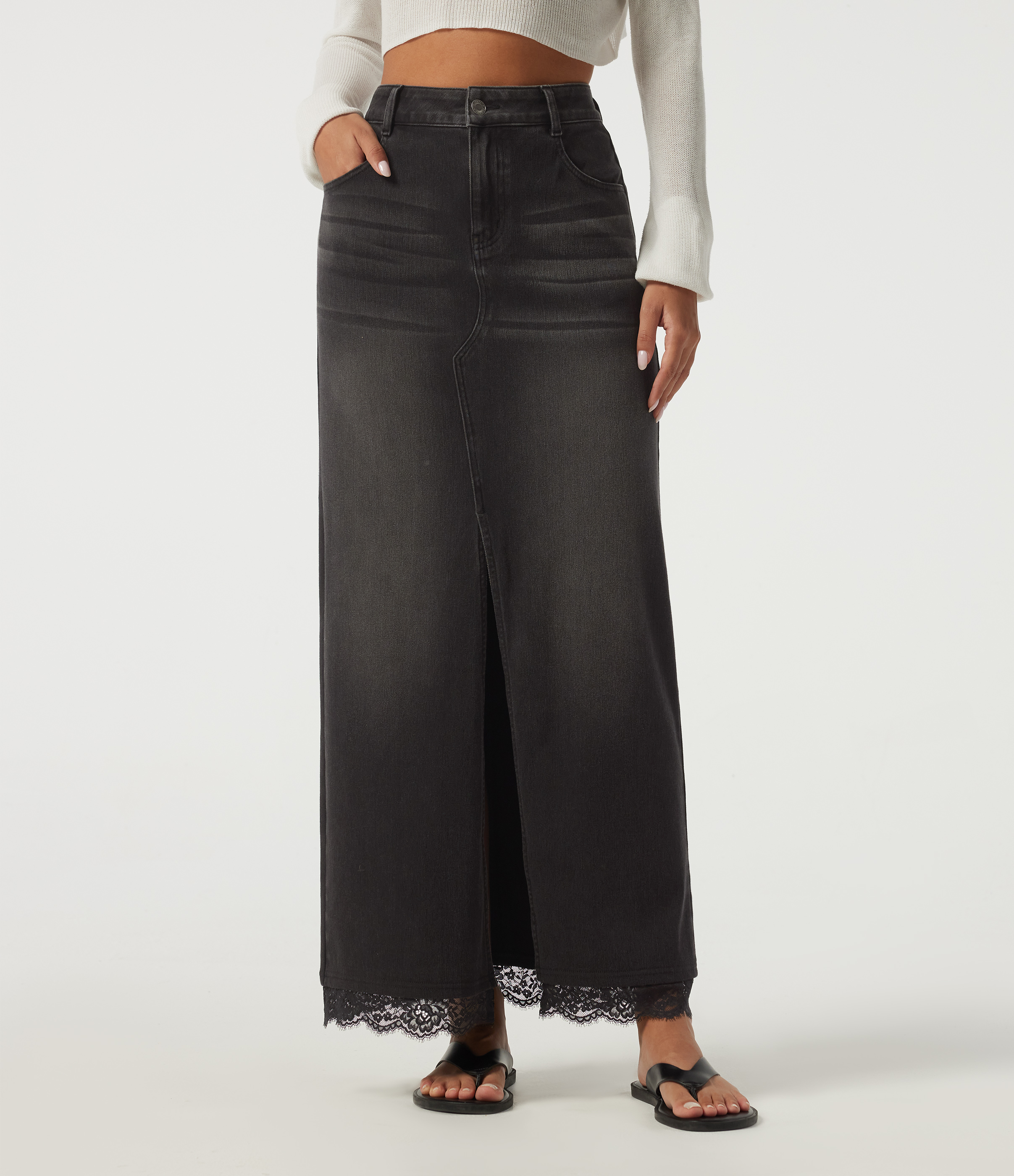 Halara Flex™ High Waisted Contrast Lace Denim Casual Cotton Maxi Pencil Skirt with Pockets