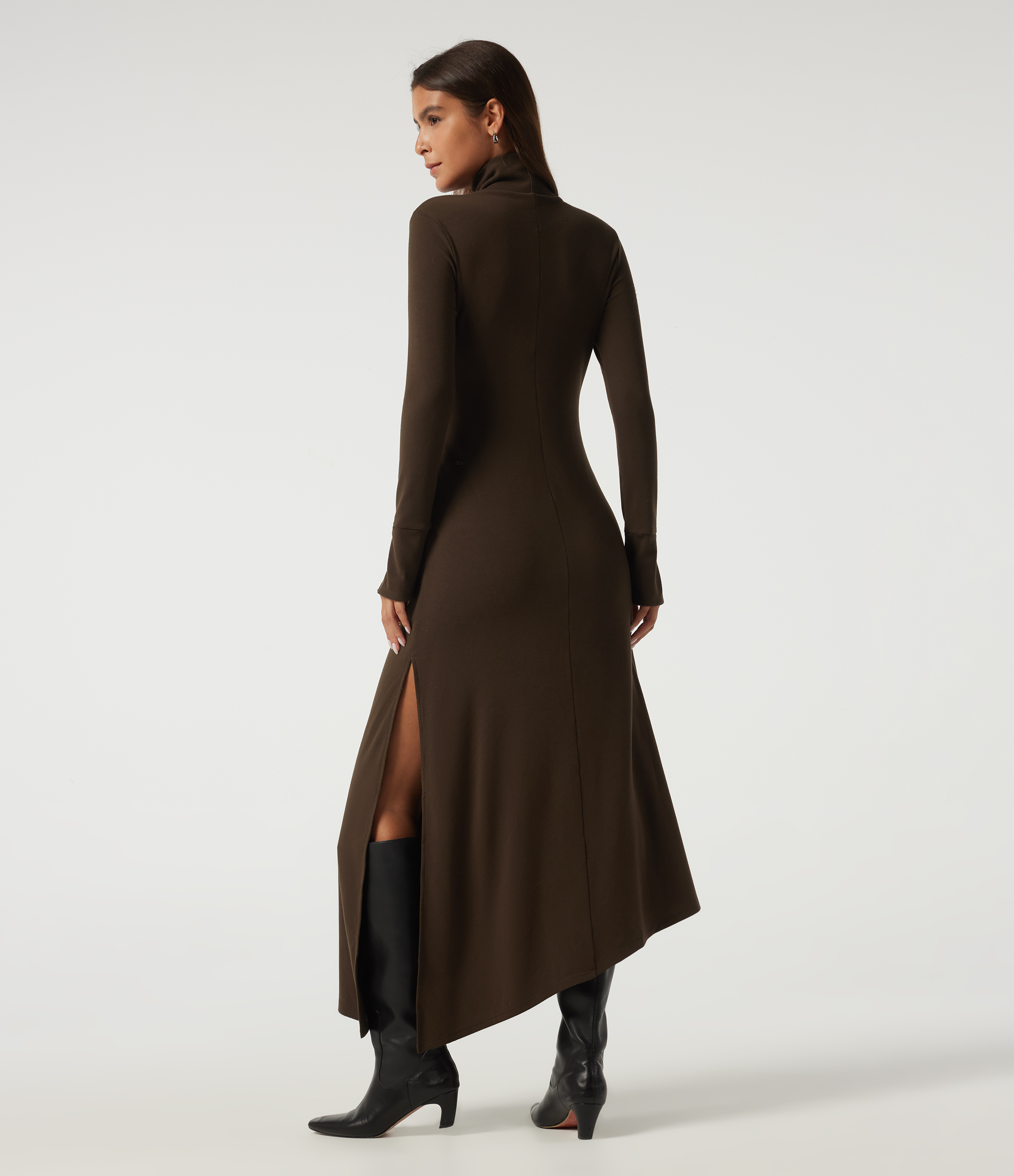 Cocoa High Neck Long Sleeve Asymmetric Thermal Casual Bodycon Midi Dress / 2