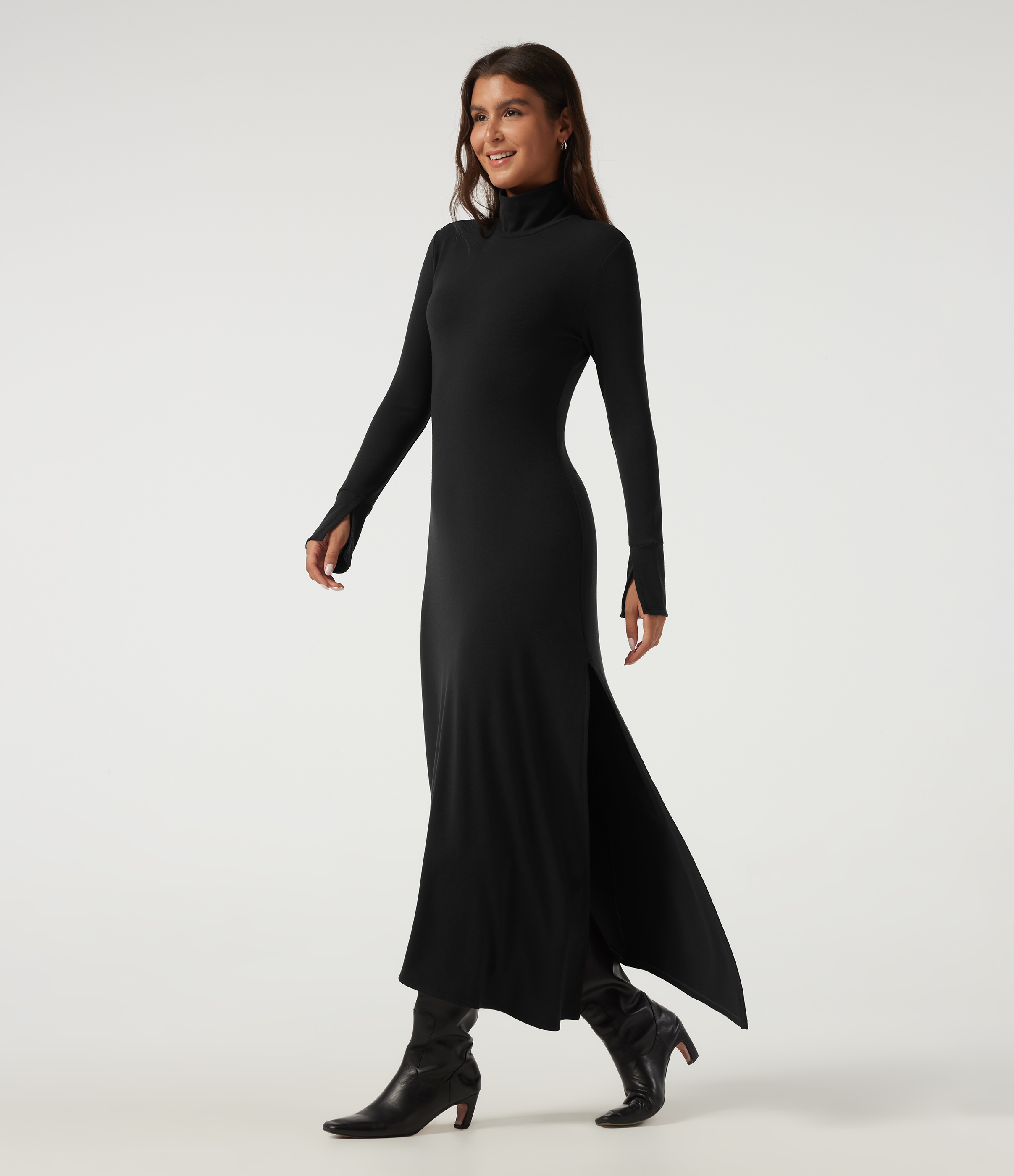 High Neck Long Sleeve Asymmetric Thermal Casual Bodycon Midi Dress